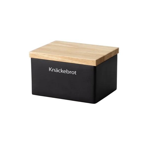 Vorratsdoseschwarz mit Holzdeckel  klar beschriftet mit Knoblauch