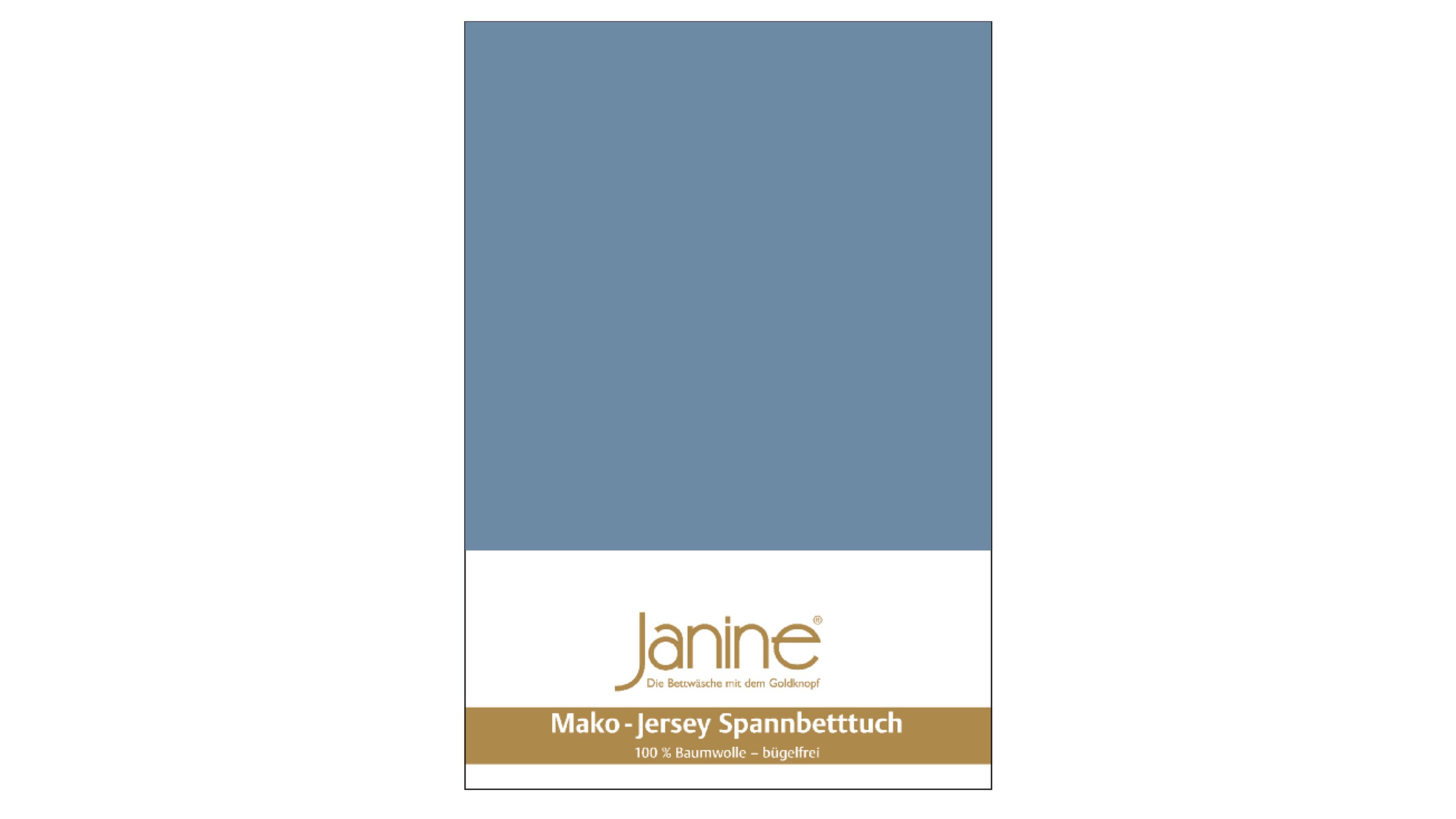 Spannbettlaken in einfarbigem blau mit weißem und goldfarbenem Etikett