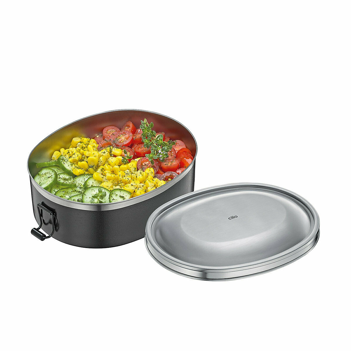 Schwarze  ovale Lunchbox  Silikondeckel daneben liegend  gefüllt mit buntem Gemüse
