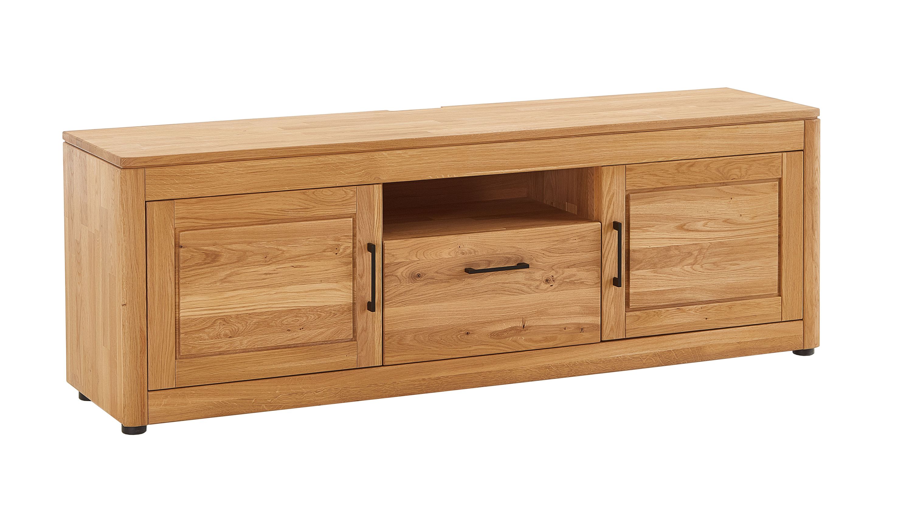 Lowboard mit zwei Türen und Klappe aus geöltem Holz Rechteckiges Lowboard aus geöltem Holz mit zwei Türen einer Klappe und einem offenen Fach