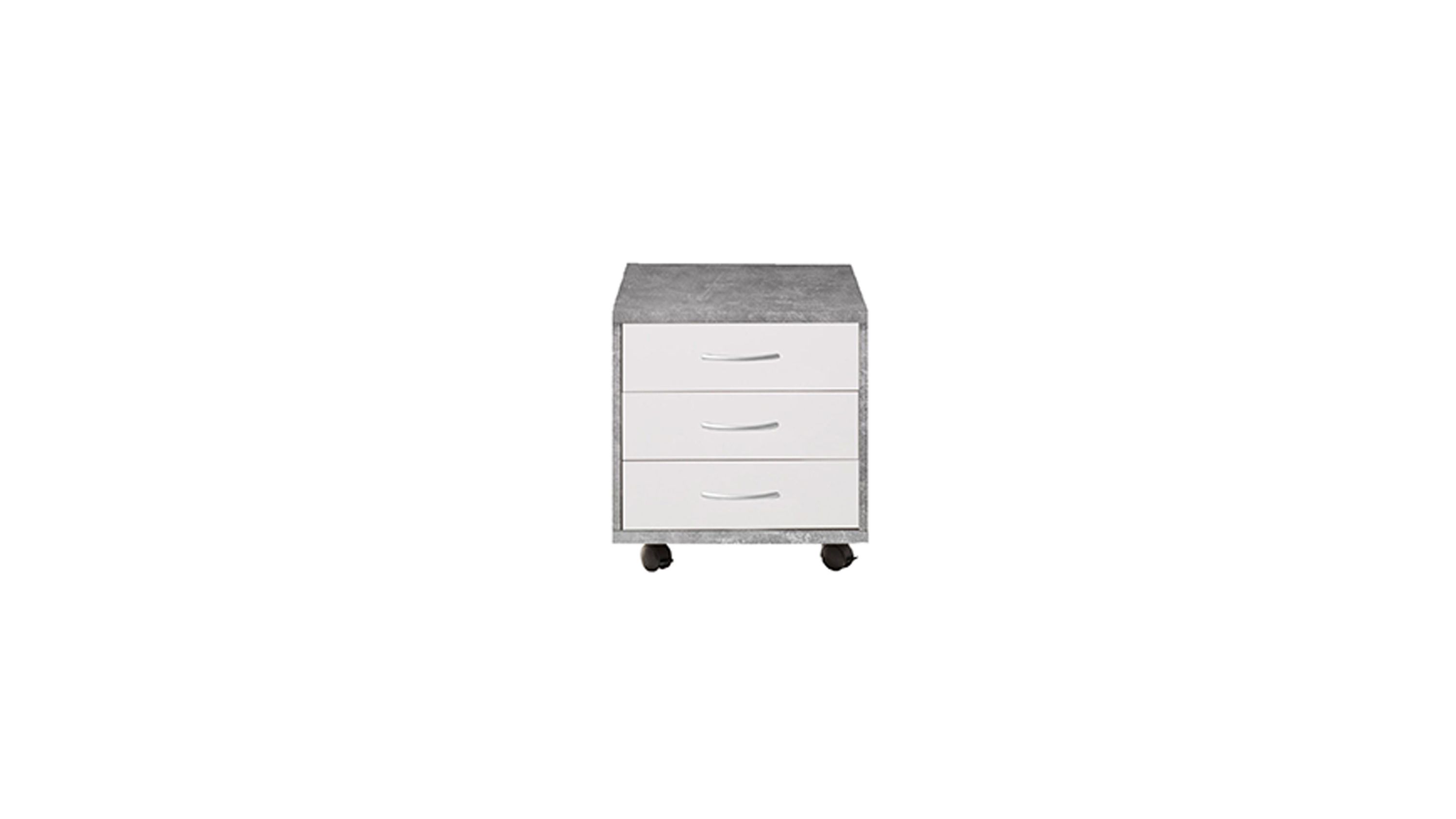 Rollcontainer mit drei Schubladen in Weiß und Betonfarbe Rollcontainer mit drei weißen Schubladen und betonfarbener Oberfläche auf Rollen