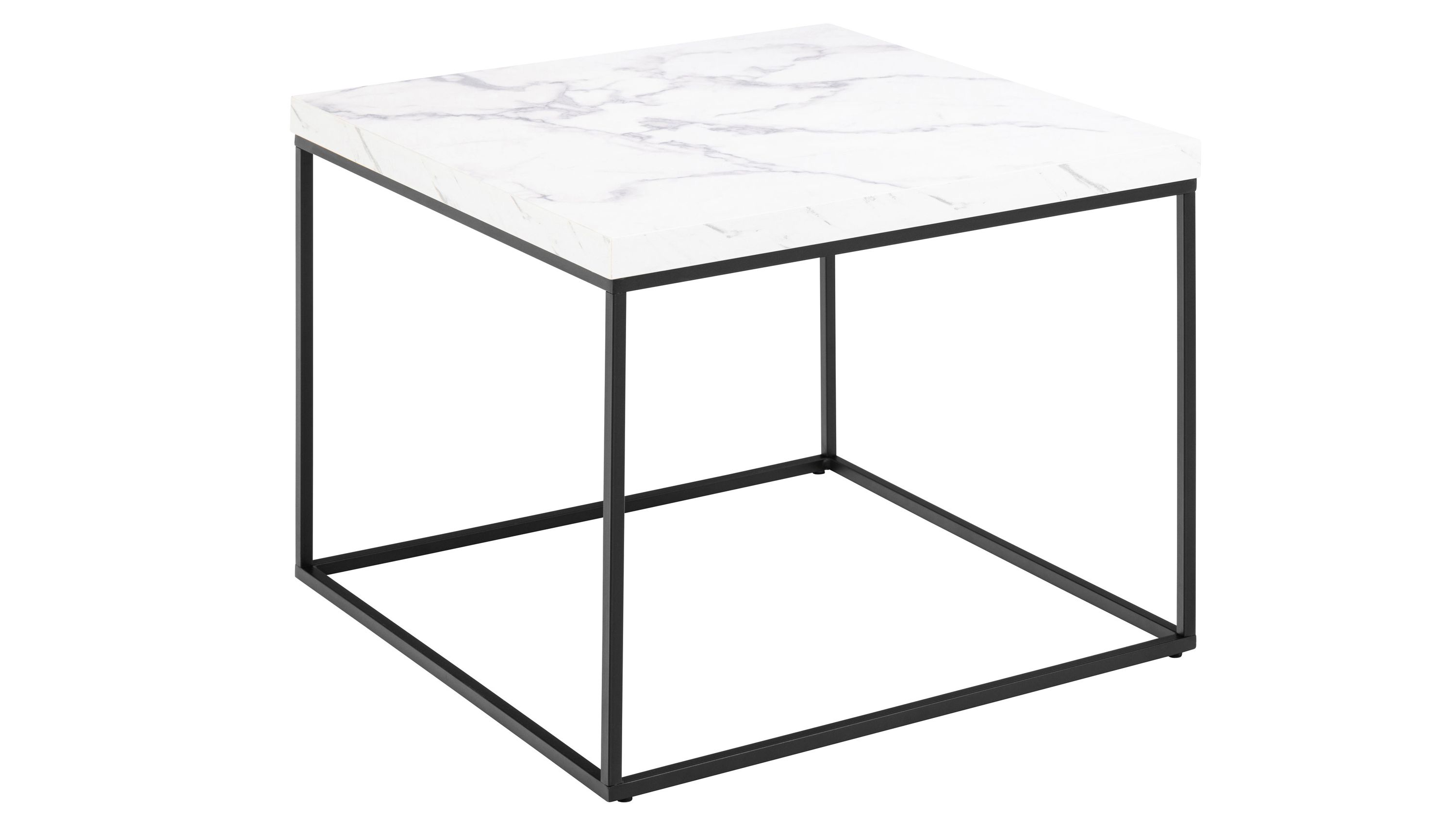 Quadratischer Couchtisch mit weißer Tischplatte und schwarzem Metallgestell