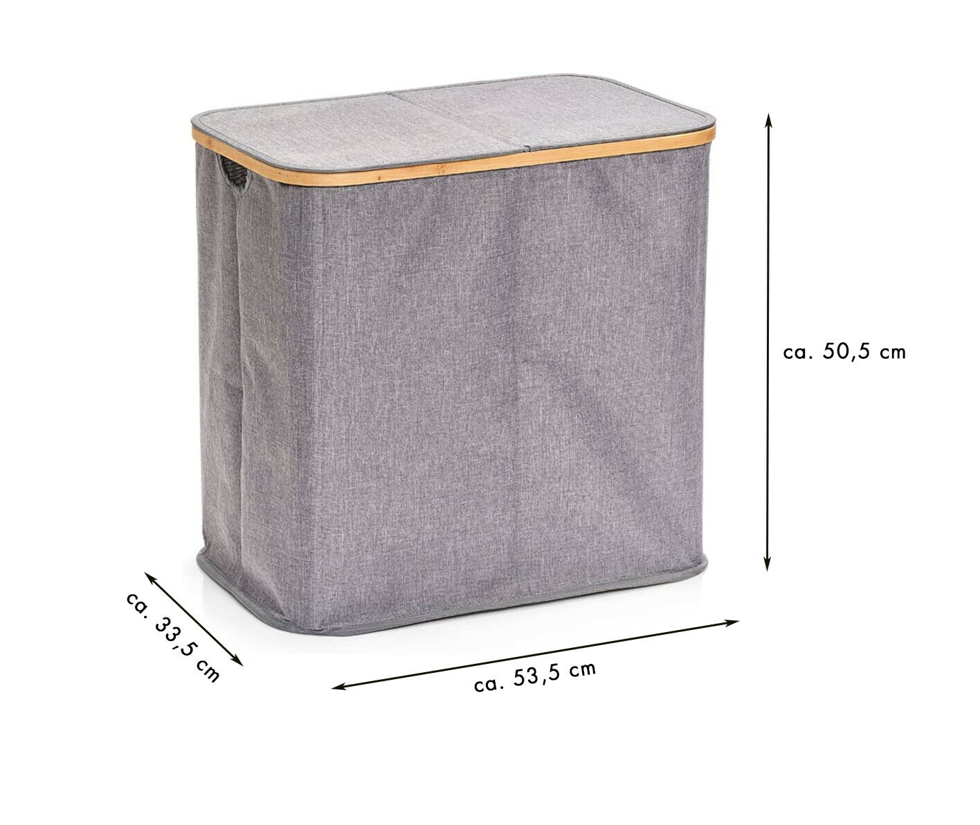 Rechteckiger grauer Wäschekorb Grauer Wäschekorb, rechteckig, ca. 50,5 cm hoch, 53,5 cm breit und 33,5 cm tief, frontal fotografiert