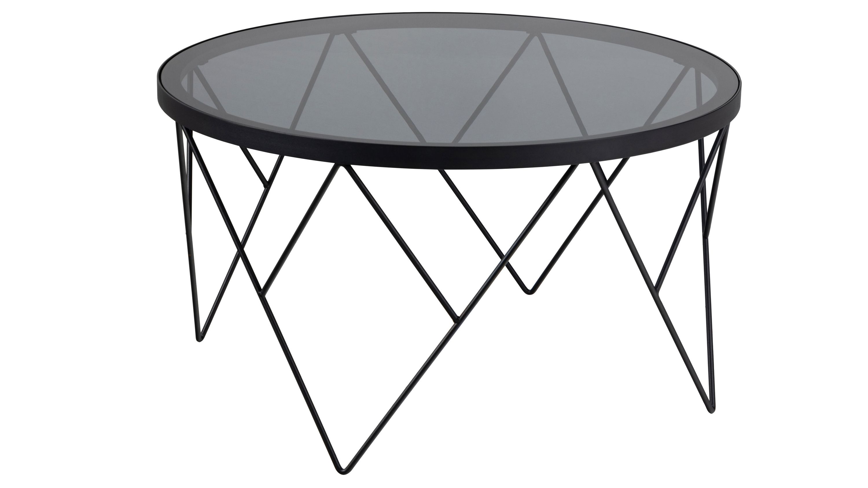 Runder Couchtisch mit rauchgrauer Glasplatte und schwarzem Metallgestell mit geometrischem Design