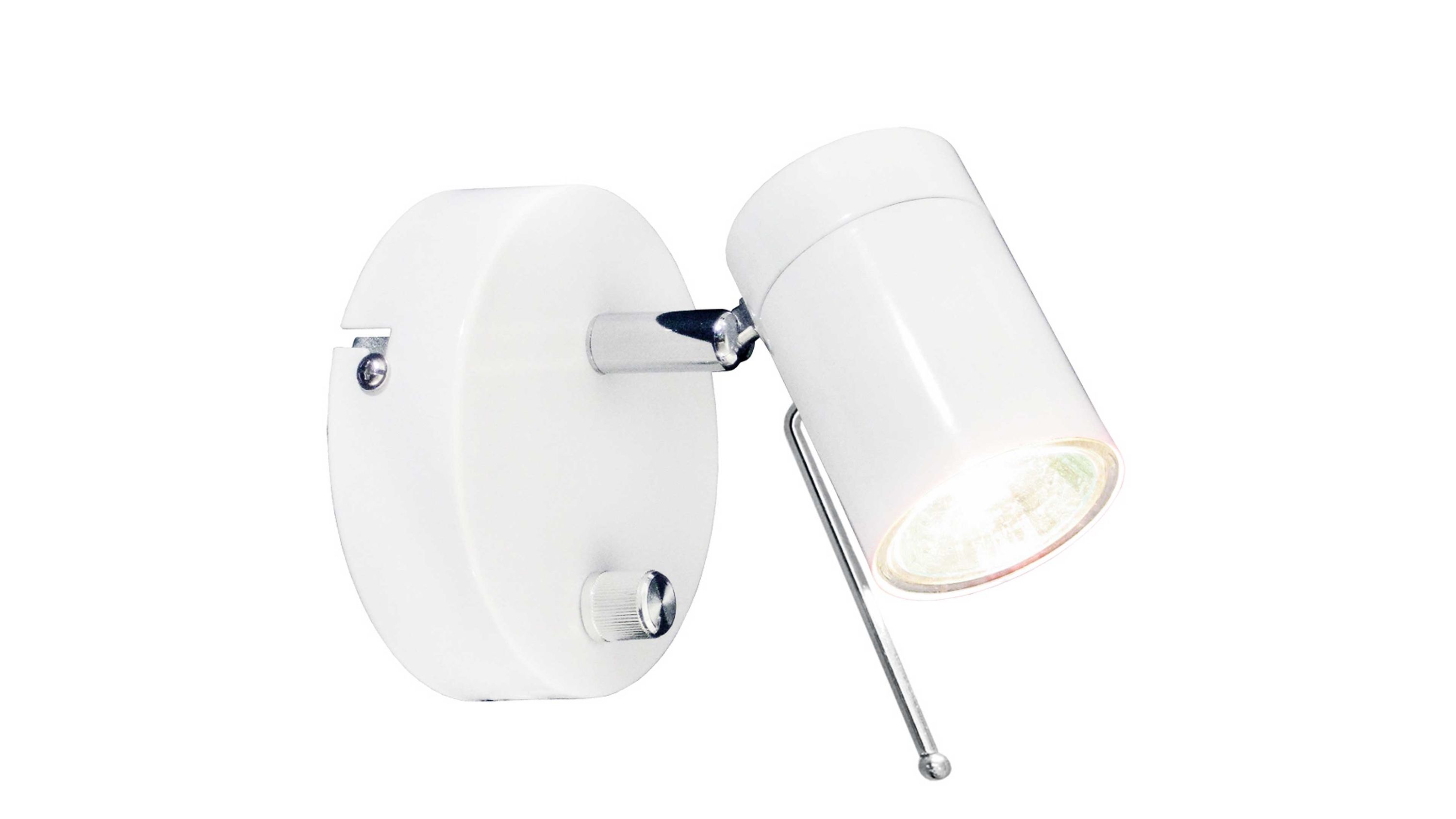 Weiße Wandleuchte mit rundem Sockel und verstellbarem zylindrischem Leuchtkopf aus Metall