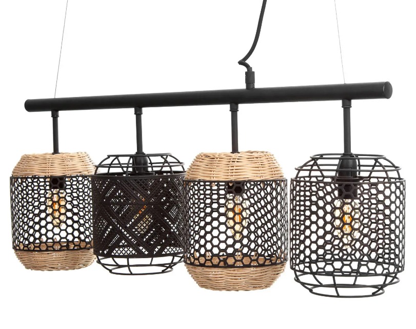 Nino Leuchten Pendelleuchte Metall Grasgeflecht 74x15x150?cm höhenverstellbar Pendelleuchte mit vier zylindrischen Grasgeflecht-Schirmen an Metallstange  freigestellt fotografiert