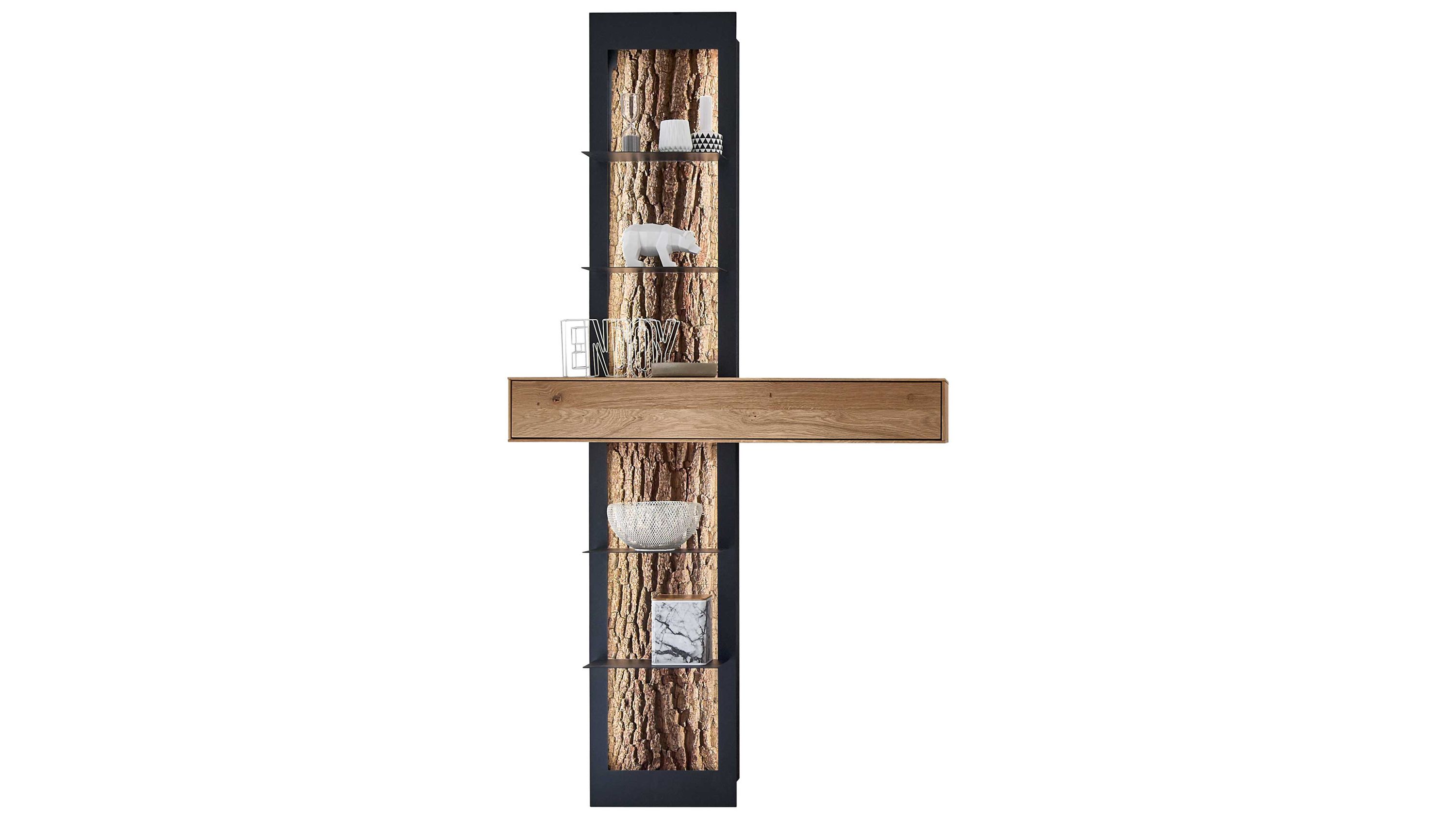 Regalelement mit Rindenholzrückwand und anthrazitfarbenem Rahmen Hohes schmales Regalelement mit anthrazitfarbenem Rahmen Rindenholzrückwand Holzfach und Glasböden