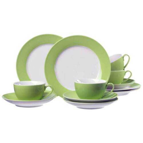 Kaffeeservice weiß mit grünem Rand  12-teilig mit Tassen  Untertassen und Frühstückstellern