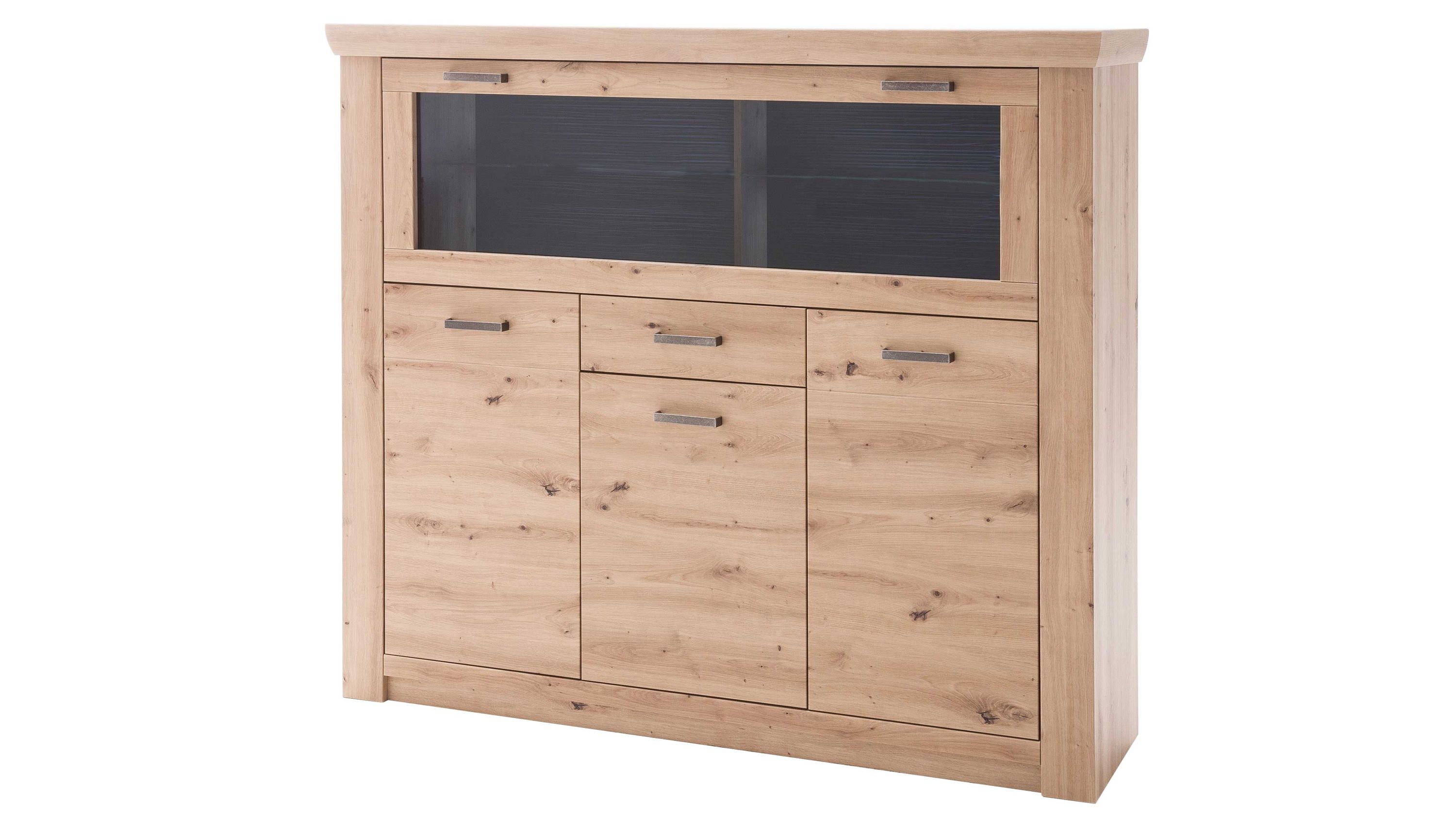 Highboard mit drei Türen und einer Schublade in heller Balkeneiche mit anthrazitfarbenem Glaseinsatz