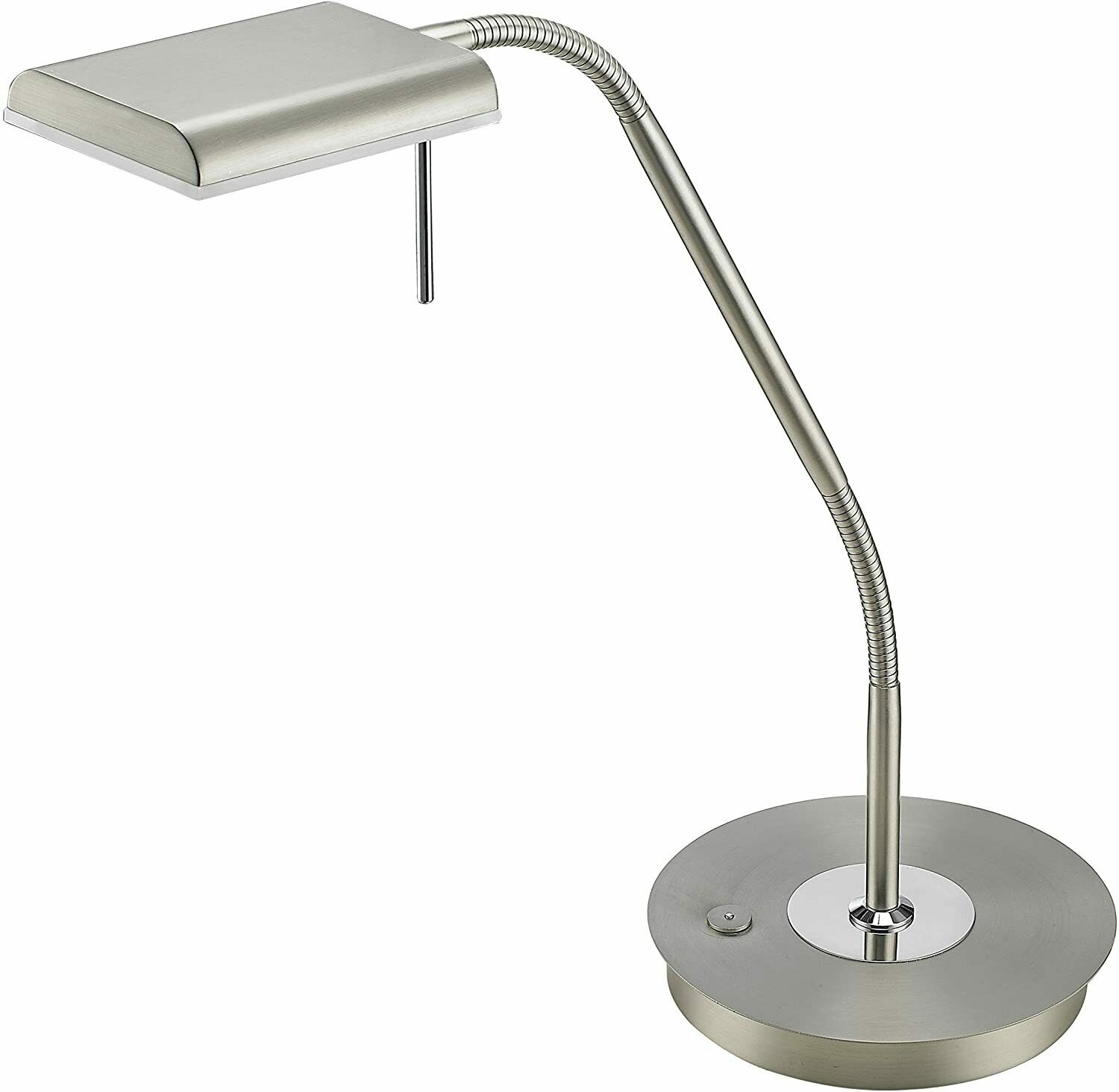 Metall-Schreibtischlampe mit rundem Fuß, gebogenem Hals und rechteckigem Kopf, seitlich fotografiert.