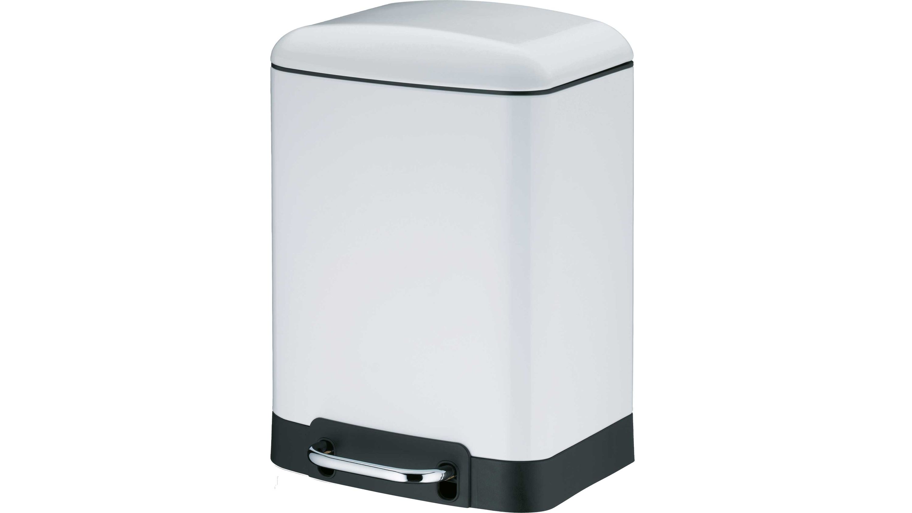 Kosmetikeimer rechteckig weiß mit Pedal und schwarzem Sockel Weißer rechteckiger Kosmetikeimer mit schwarzem Sockel und Pedal