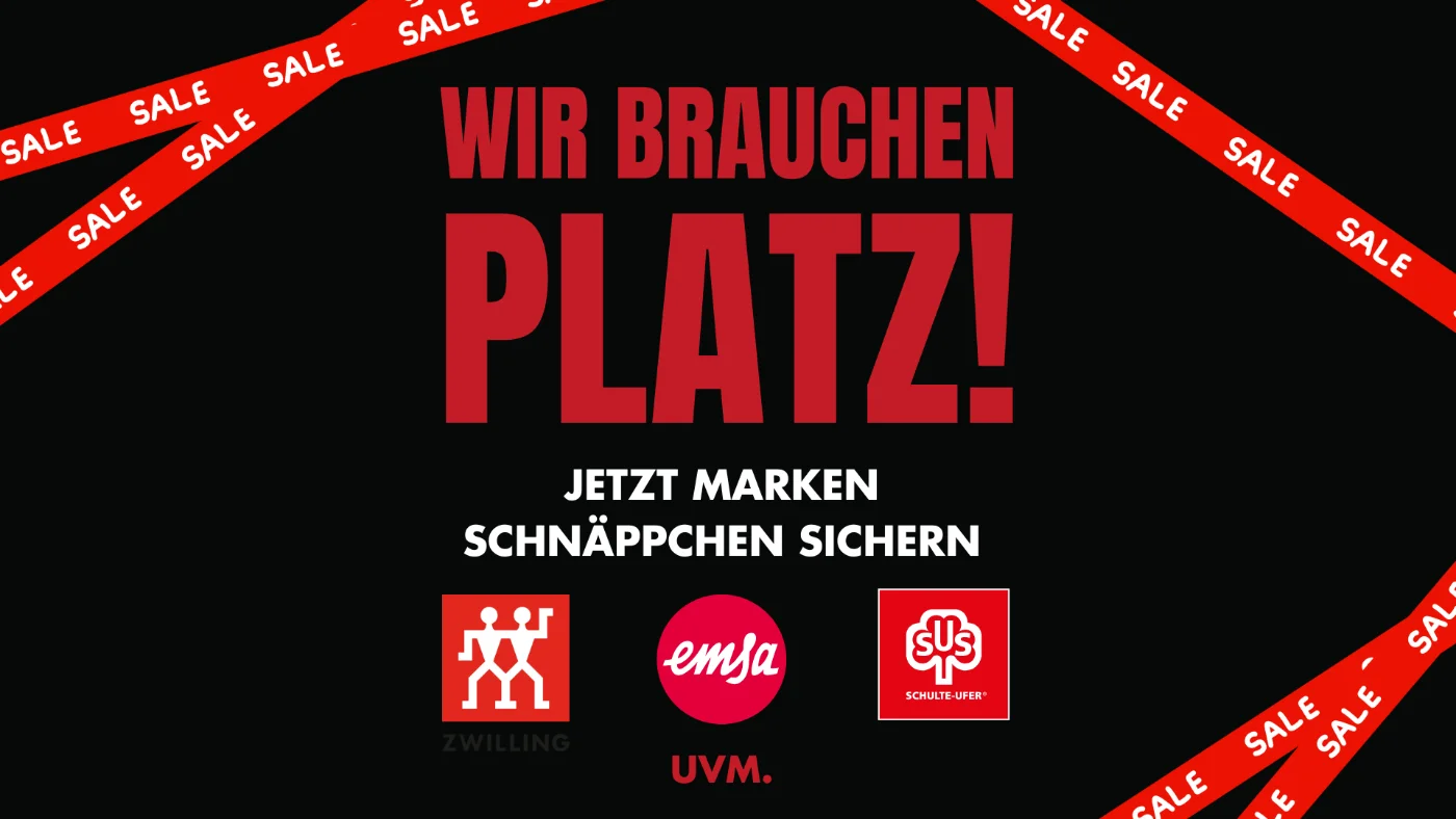 Werbebanner „Wir brauchen Platz!“ mit Sale-Rahmen, Hinweis auf Markenschnäppchen und Logos von Zwilling, emsa und Silit.