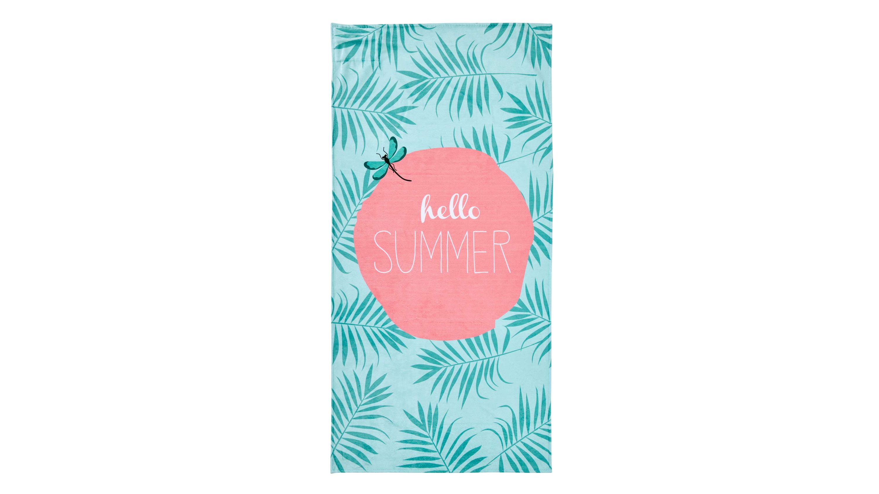 Rechteckiges Strandtuch mit blauem Hintergrund grünen Blättern rosa Kreis und weißem Schriftzug hello summer