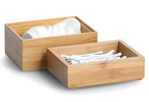 Zweiteiliges Bambusboxen-Set zur Aufbewahrung von Kosmetikartikeln wie Wattepads und Wattestäbchen