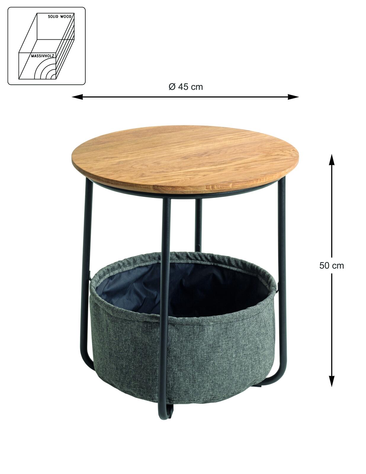 Beistelltisch Rubi mit Massivholzplatte, schwarzem Metallgestell und grauem Stoffkorb, Ø 45 cm