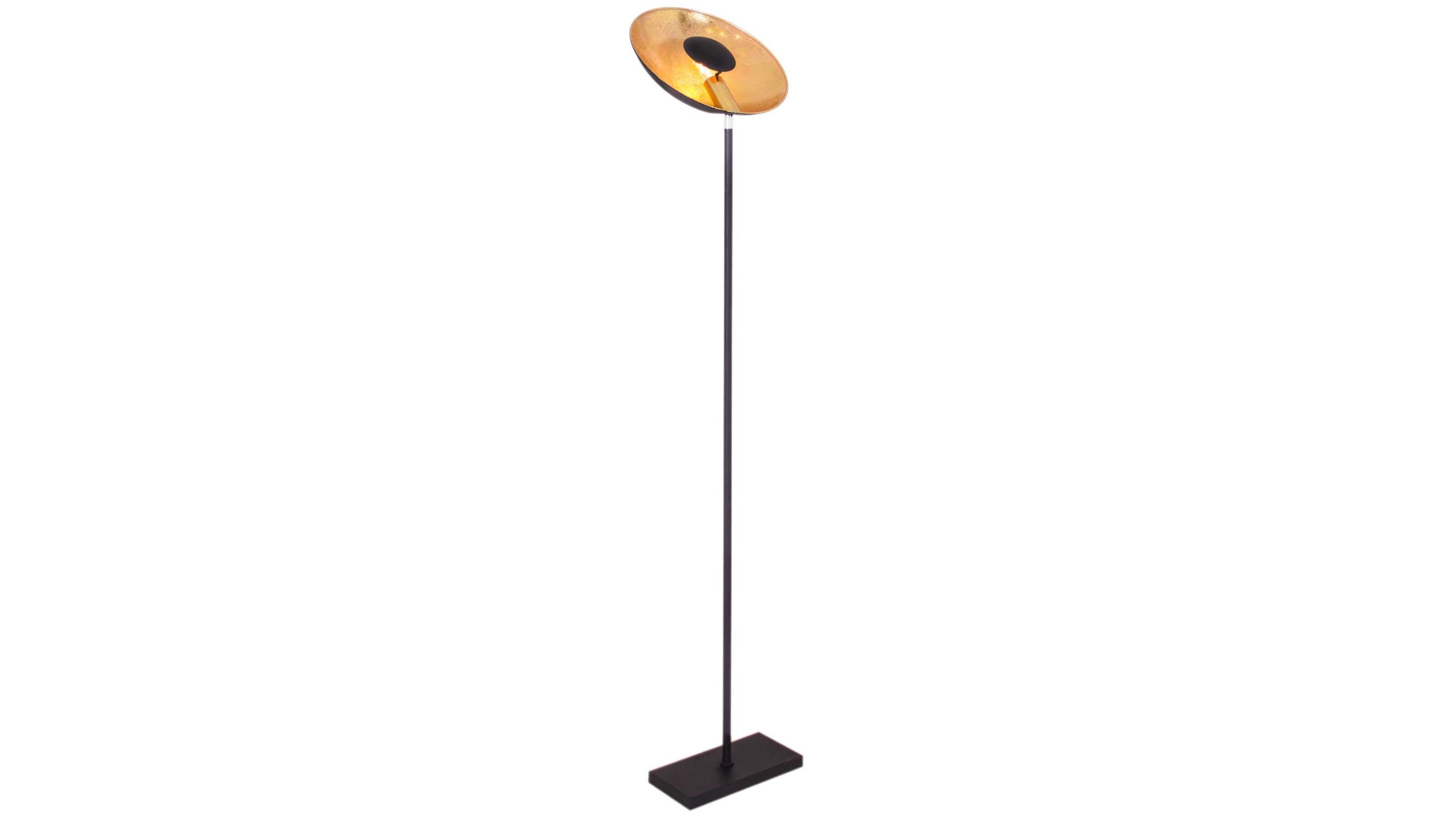 Stehleuchte mit goldenem Reflektor und schwarzem Ständer Schwarze Stehleuchte mit rundem goldenem Reflektor und rechteckigem Fuß