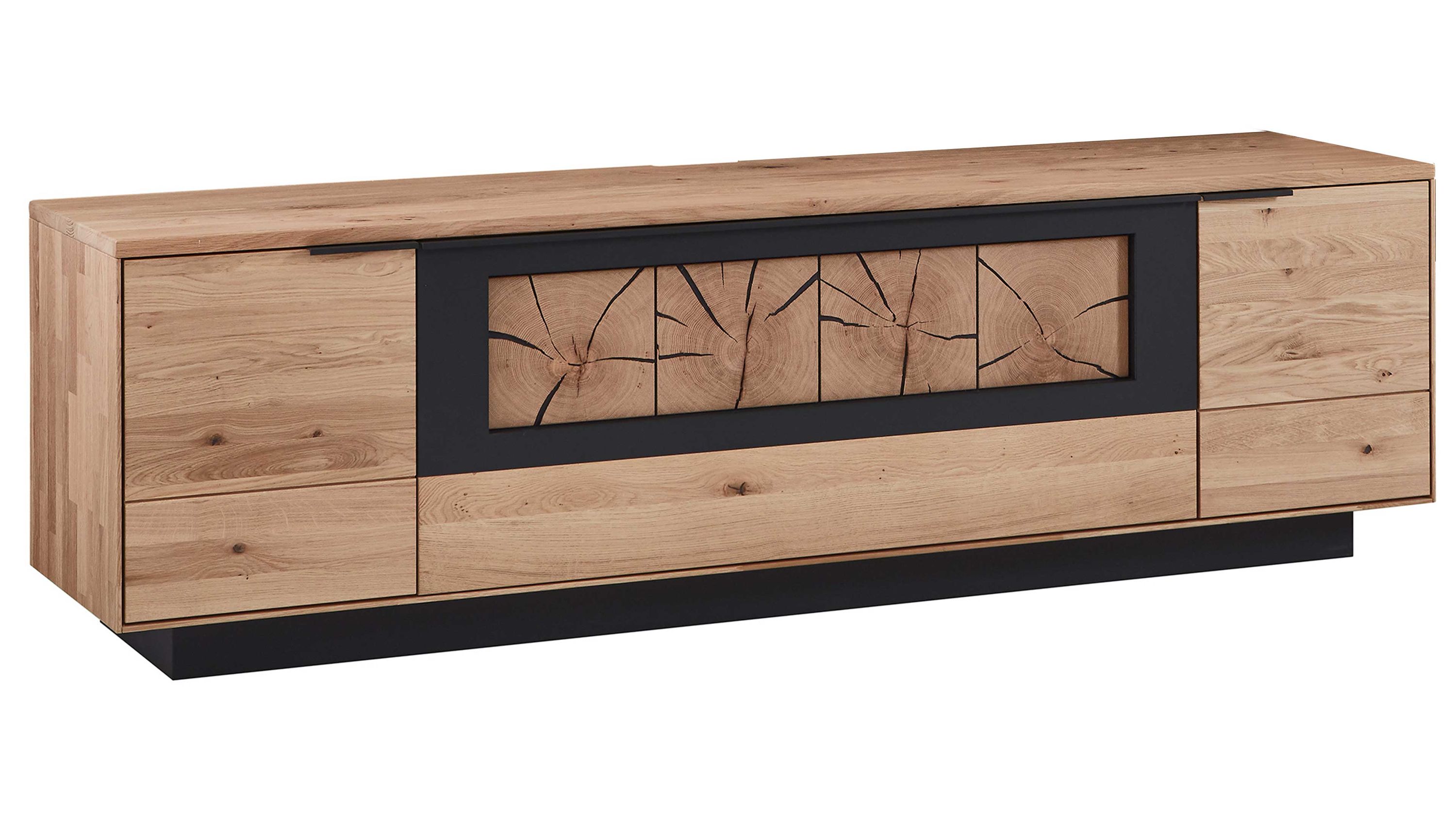 Lowboard mit Türen und Auszug in Holzoptik Lowboard mit zwei Türen und einem Auszug in Holzoptik mit dunklem Rahmen und Dekor