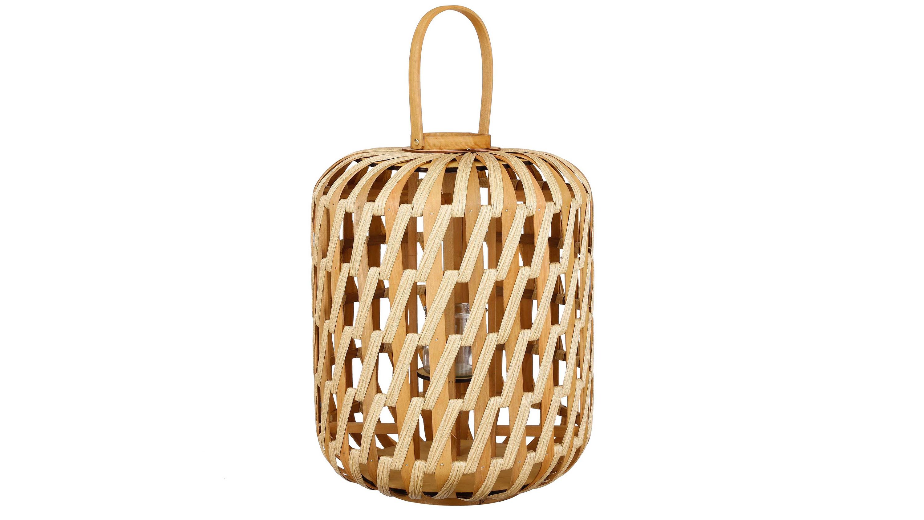 Geflochtenes Windlicht aus Holz mit Henkel Windlicht mit rundem geflochtenem Holzgestell und Henkel in natürlicher Farbe