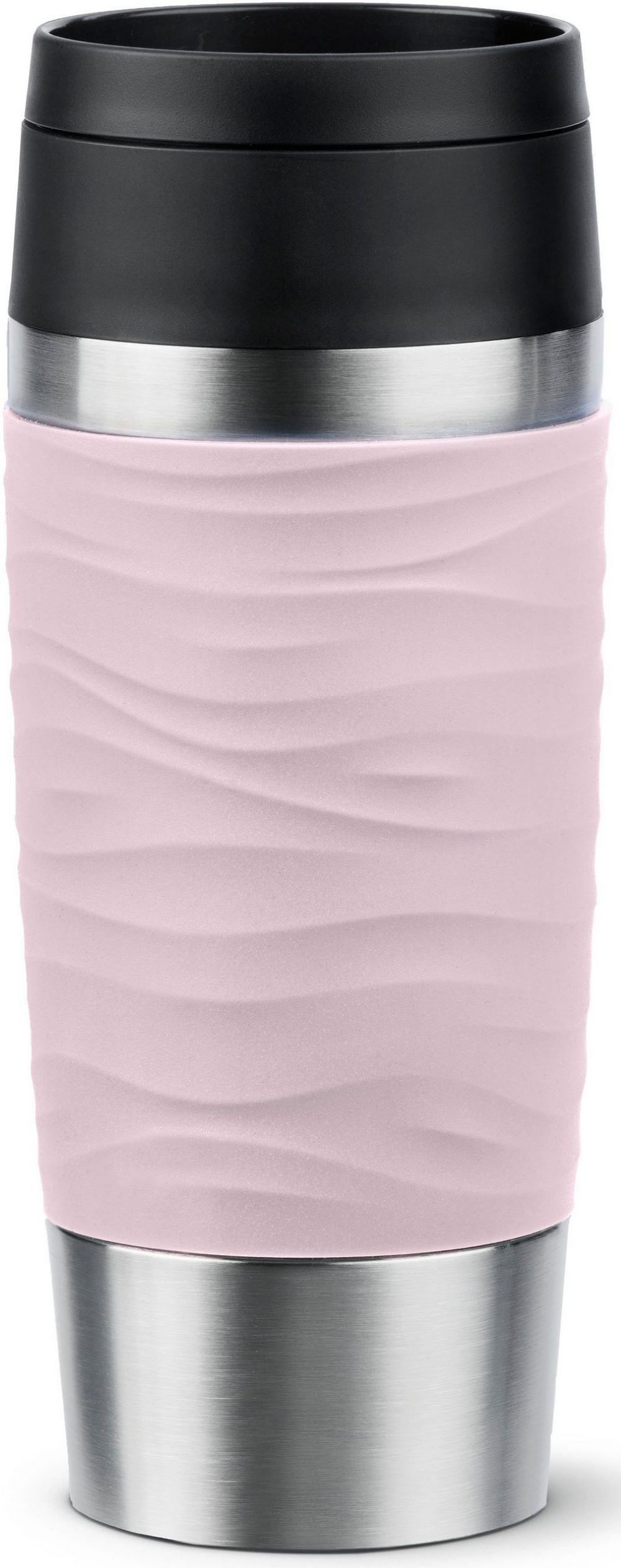 Pastelrosaner Thermobecher mit Edelstahl – stilvoller Becher mit rutschfester Struktur Pastelrosaner Thermobecher mit pinkem Griff in Wellenoptik Edelstahlkörper und schwarzem Deckel frontalaufgenommen