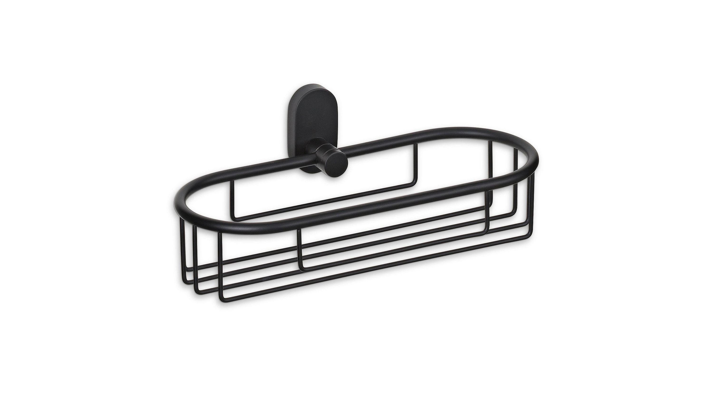 Schwarze ovale Duschablage mit Wandhalterung Schwarze ovale Duschablage mit Gitterstruktur und Wandhalterung