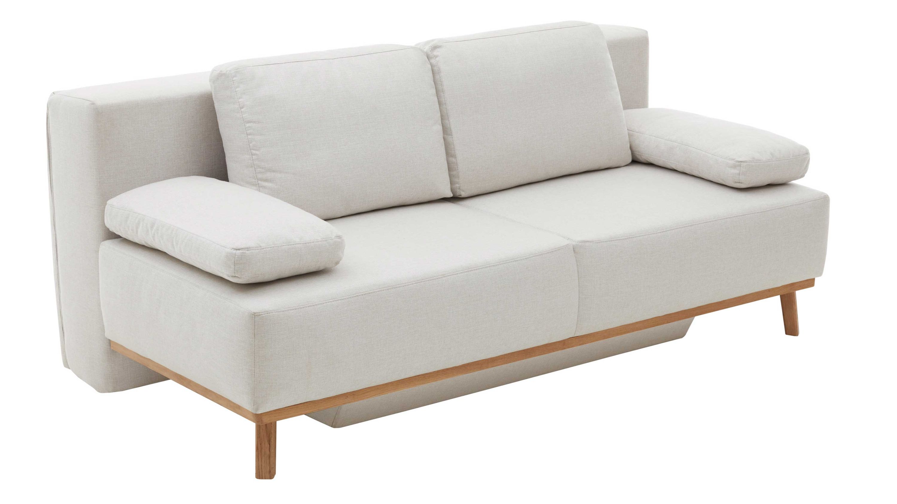 Schlafsofa mit naturfarbenem Bezug zwei Rückenkissen zwei Armlehnenpolstern und Holzfüßen