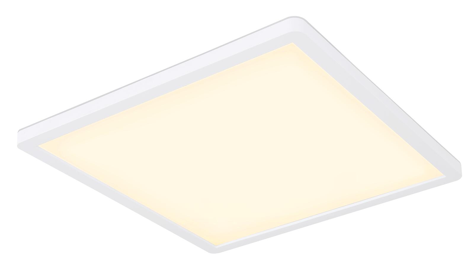 Quadratische LED-Deckenleuchte mit weißem Rahmen  diffus leuchtend  flach an grauer Decke montiert
