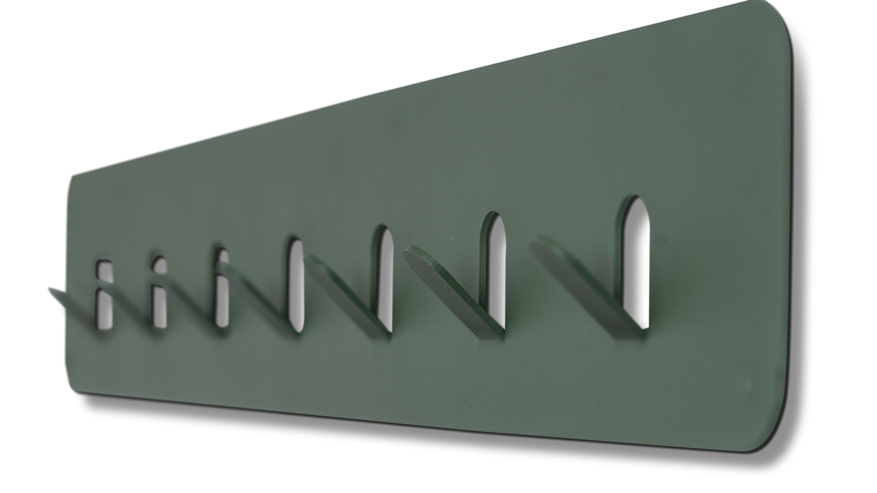 Grüne Garderobenleiste mit sieben Haken Grüne Garderobenleiste mit sieben flachen Haken und abgerundeten Ecken