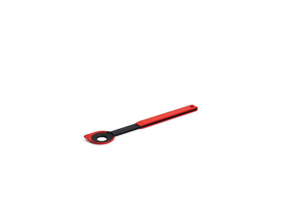 Lochlöffel Silikon schwarz, rot Lochlöffel mit schwarzem Löffelkopf und rotem Griff  aufgenommen leicht schräg von oben