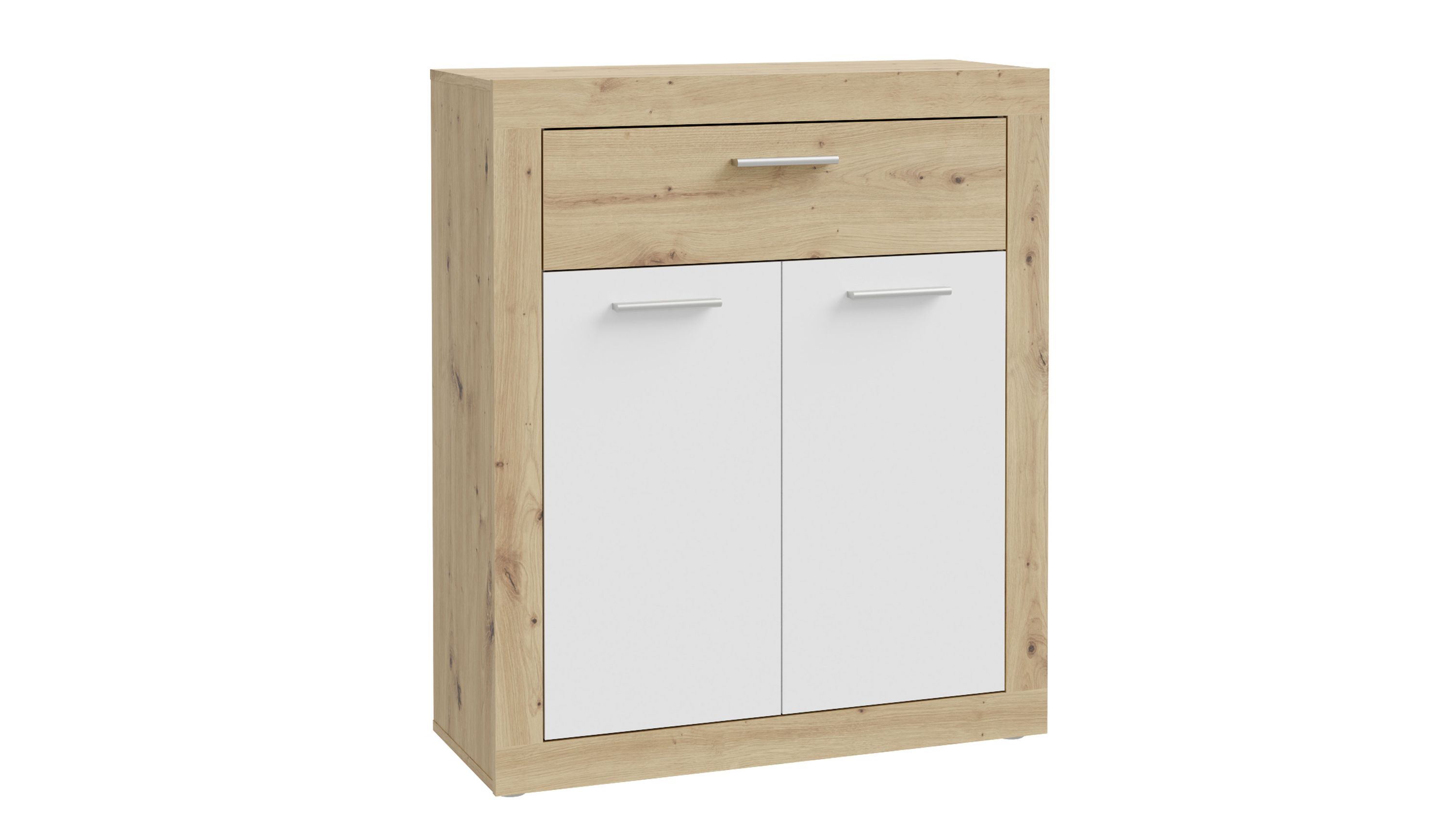 Kommode mit Schubfach und zwei Türen in Holz- und Weißoptik Kommode mit einem Schubfach oben in Holzoptik und zwei weißen Türen darunter mit Metallgriffen