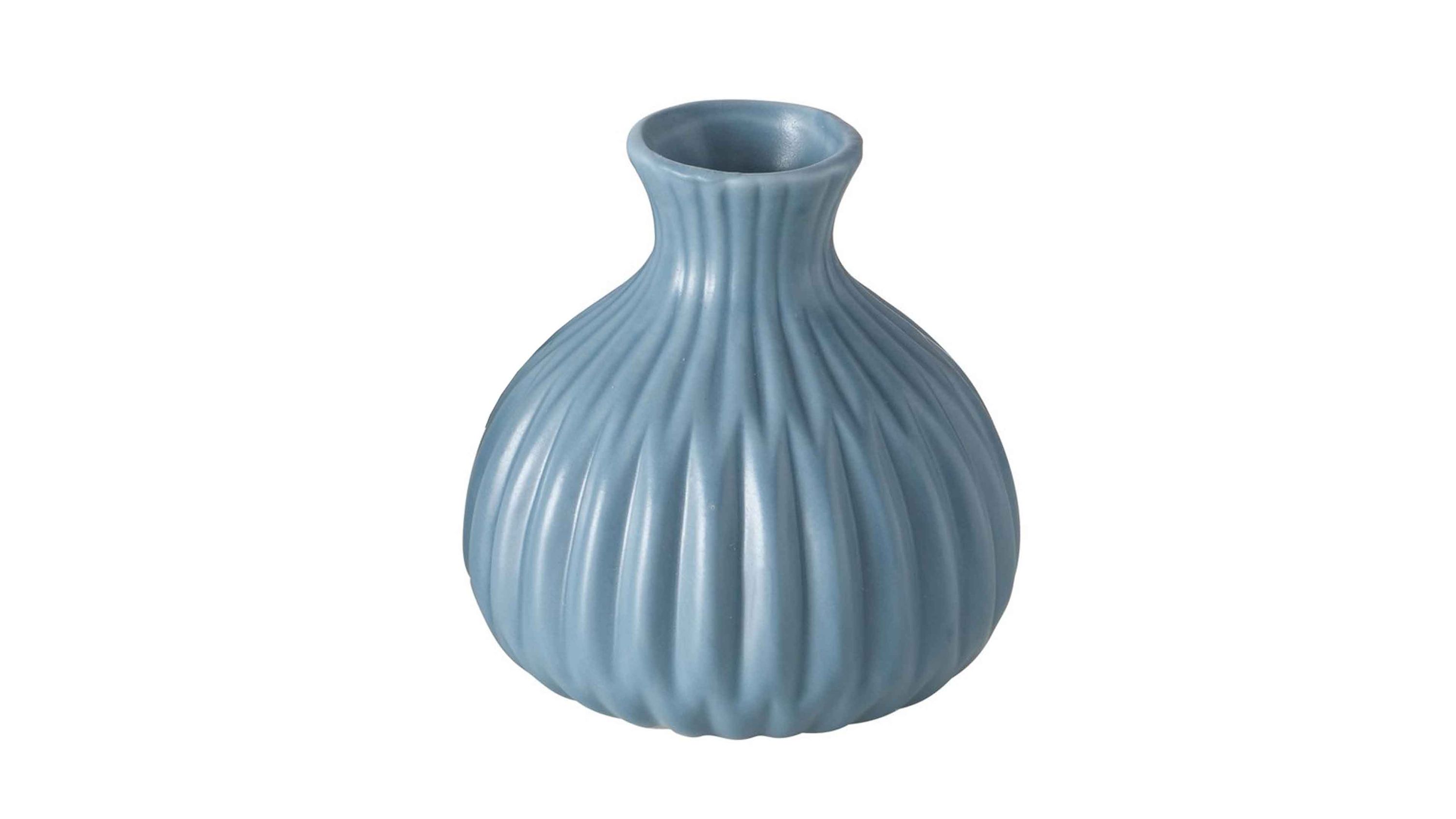 Runde Vase mit schmalem Hals und gerillter Oberfläche in mattem Blau