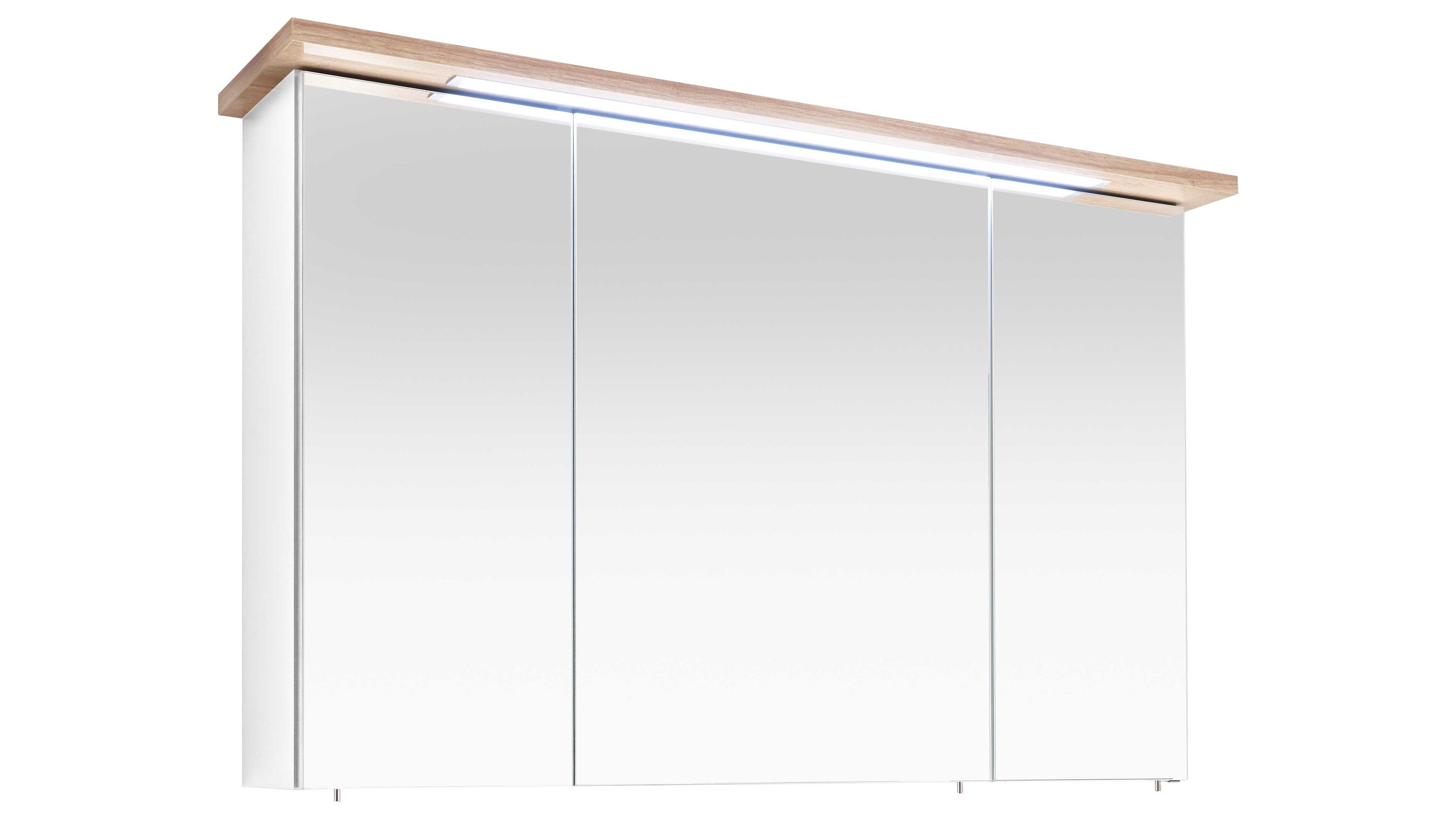 Spiegelschrank mit drei Spiegeltüren und weißem Korpus obere Leiste in heller Holzoptik