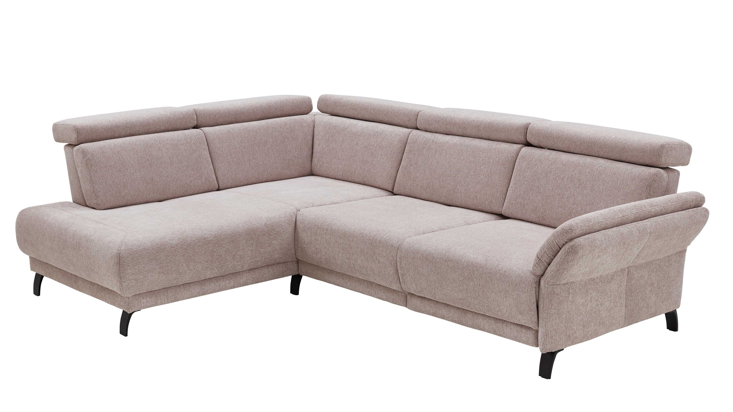 Ecksofa mit verstellbaren Kopfstützen und rosefarbenem Stoffbezug