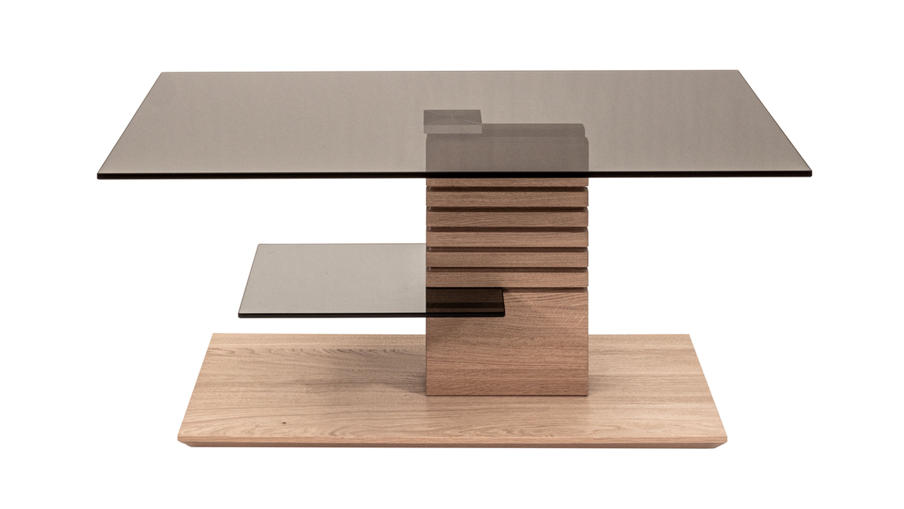 Rechteckiger Couchtisch mit grauer Glasplatte zusätzlicher kleiner Glasablage und Holzfuß in heller Farbe