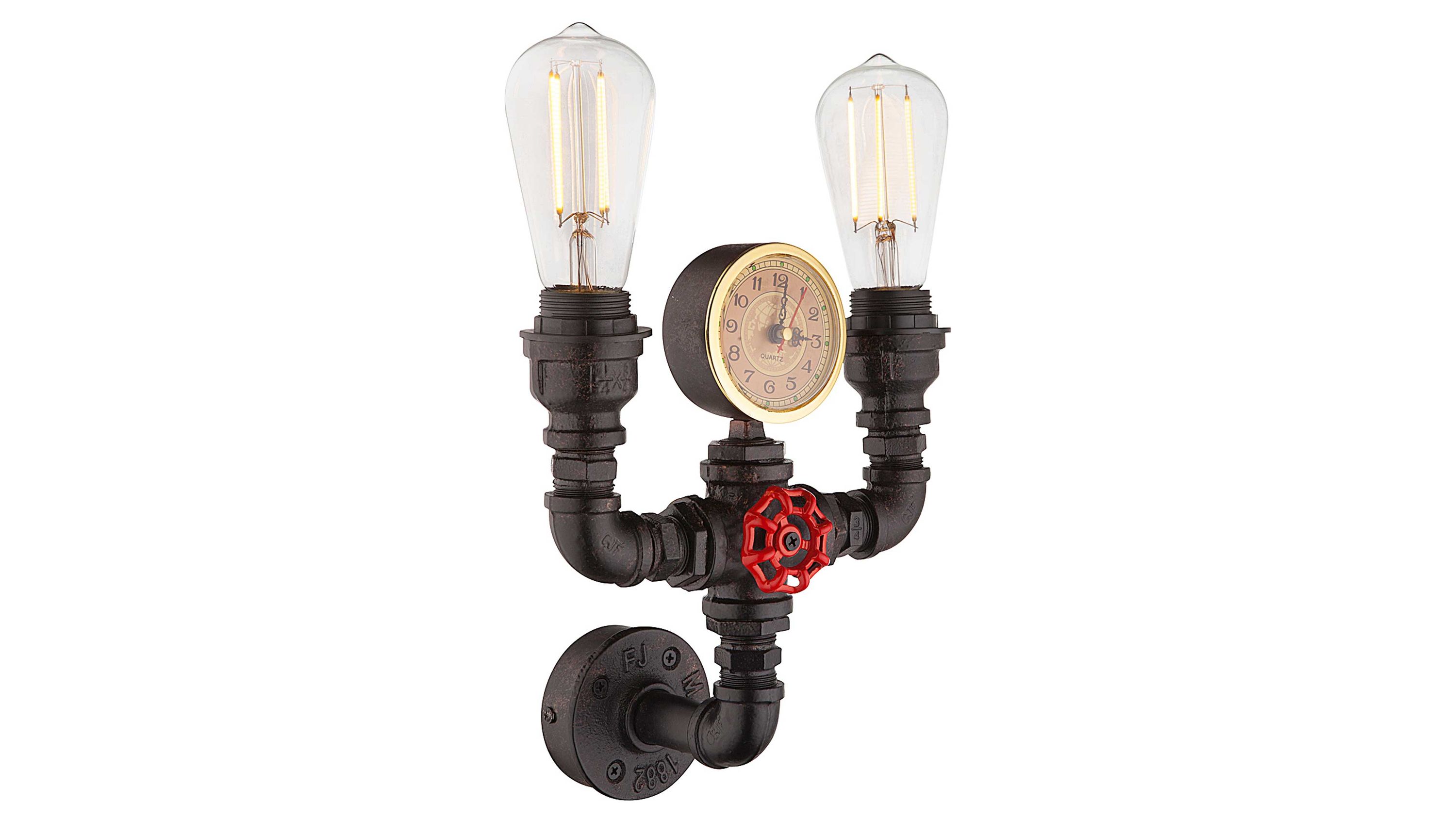 Schwarze Wandleuchte mit zwei Glühbirnen und rundem Zifferblatt in Gold mit rotem Ventil