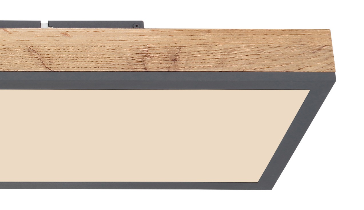 Moderne Deckenleuchte mit Holzdetail Rechteckige Deckenleuchte mit Holzdetail und schwarzem Rahmen frontal freigestellt fotografiert
