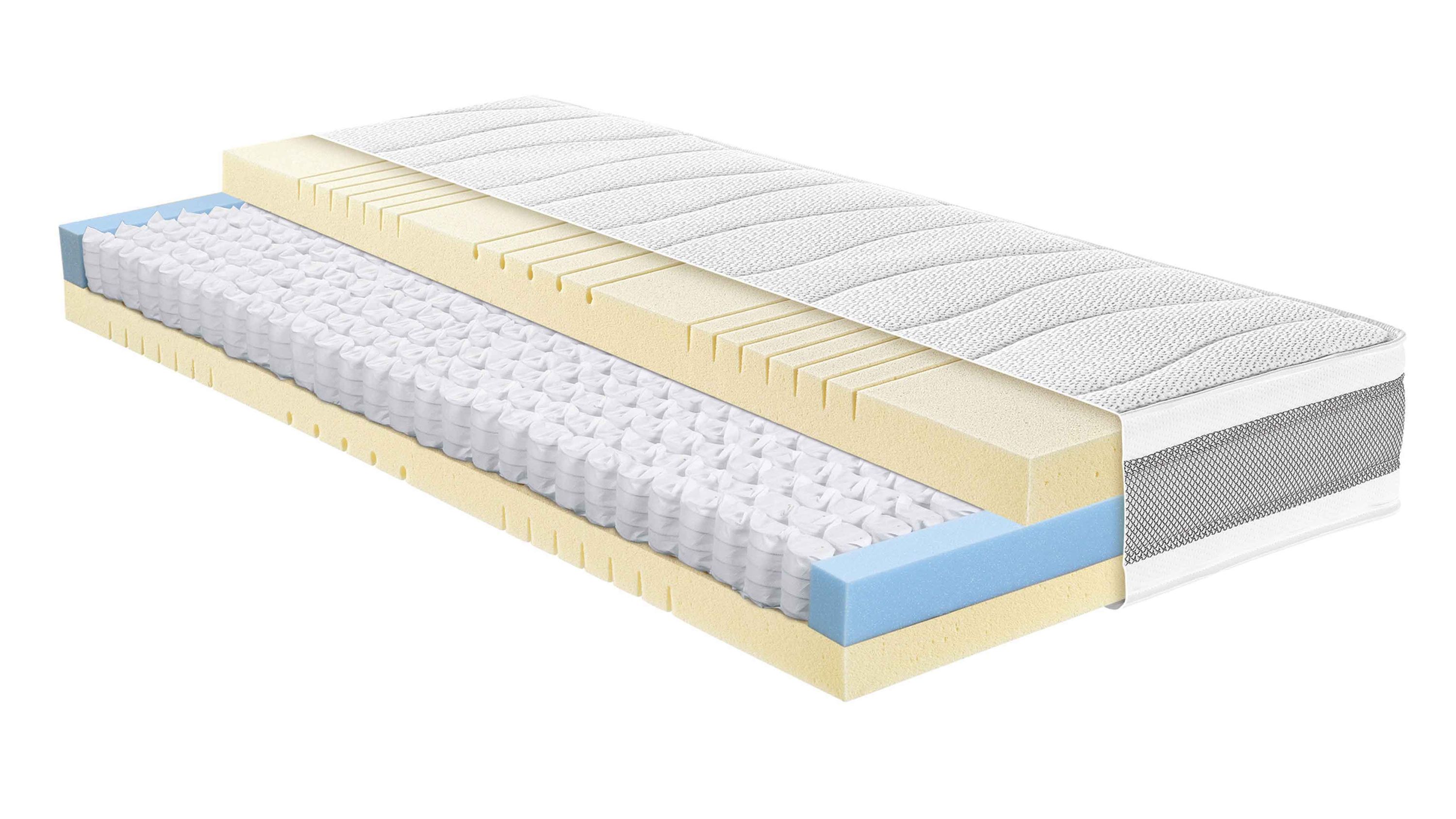 Matratze mit weißem Bezug und sichtbaren Schichten aus Schaumstoff und Taschenfedern