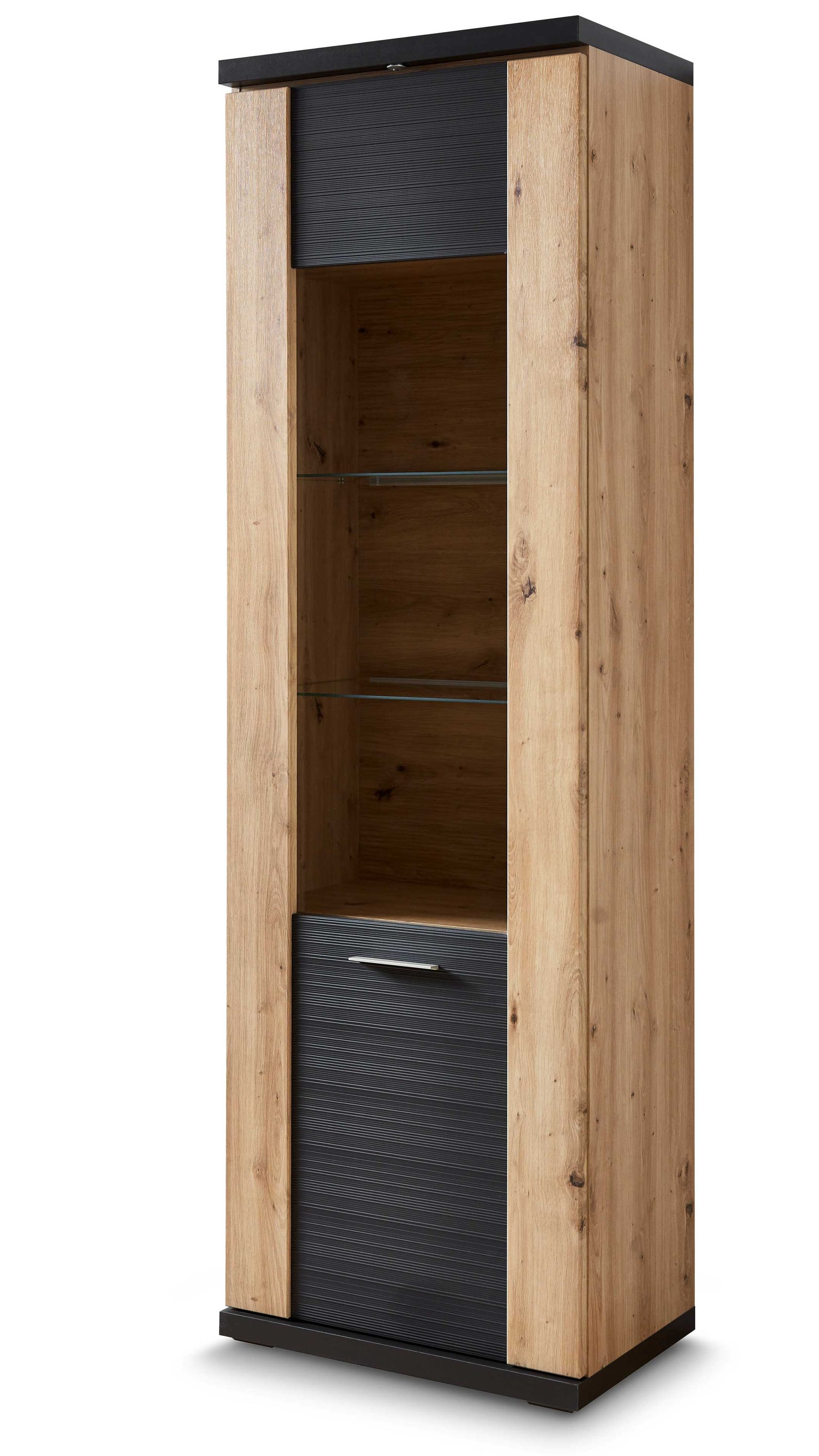 Hohe Vitrine mit einer grauen Tür rechts zwei Glasböden und Holzoptik in Eichefarben