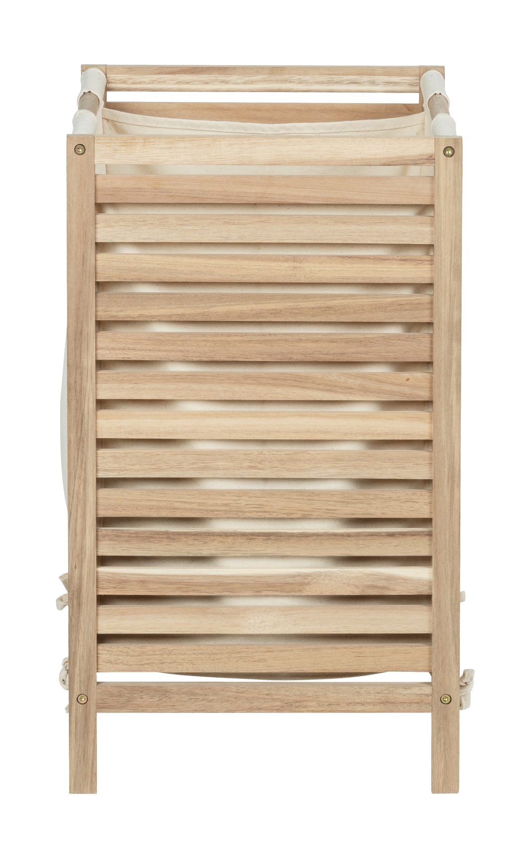 Wäschesammler mit stabiler Holzstruktur braunem atmungsaktivem Wäschebeutel modernes Design frontal aufgenommen