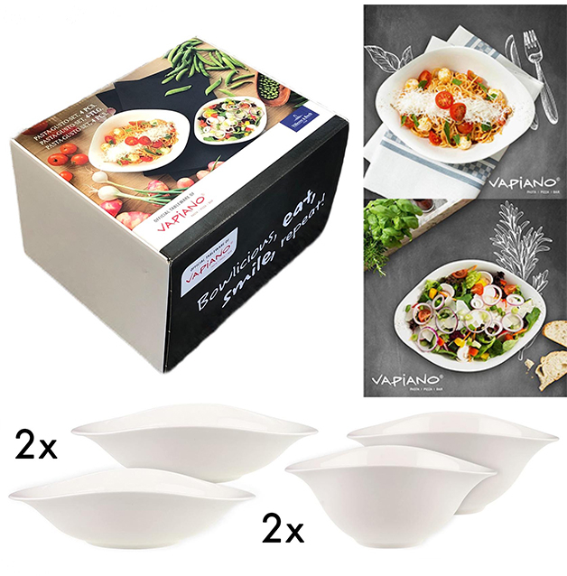 Pasta Set mit vier ovalen Porzellantellern  dargestellt in Verpackung mit Pastaabbildungen und Tellerpaaren