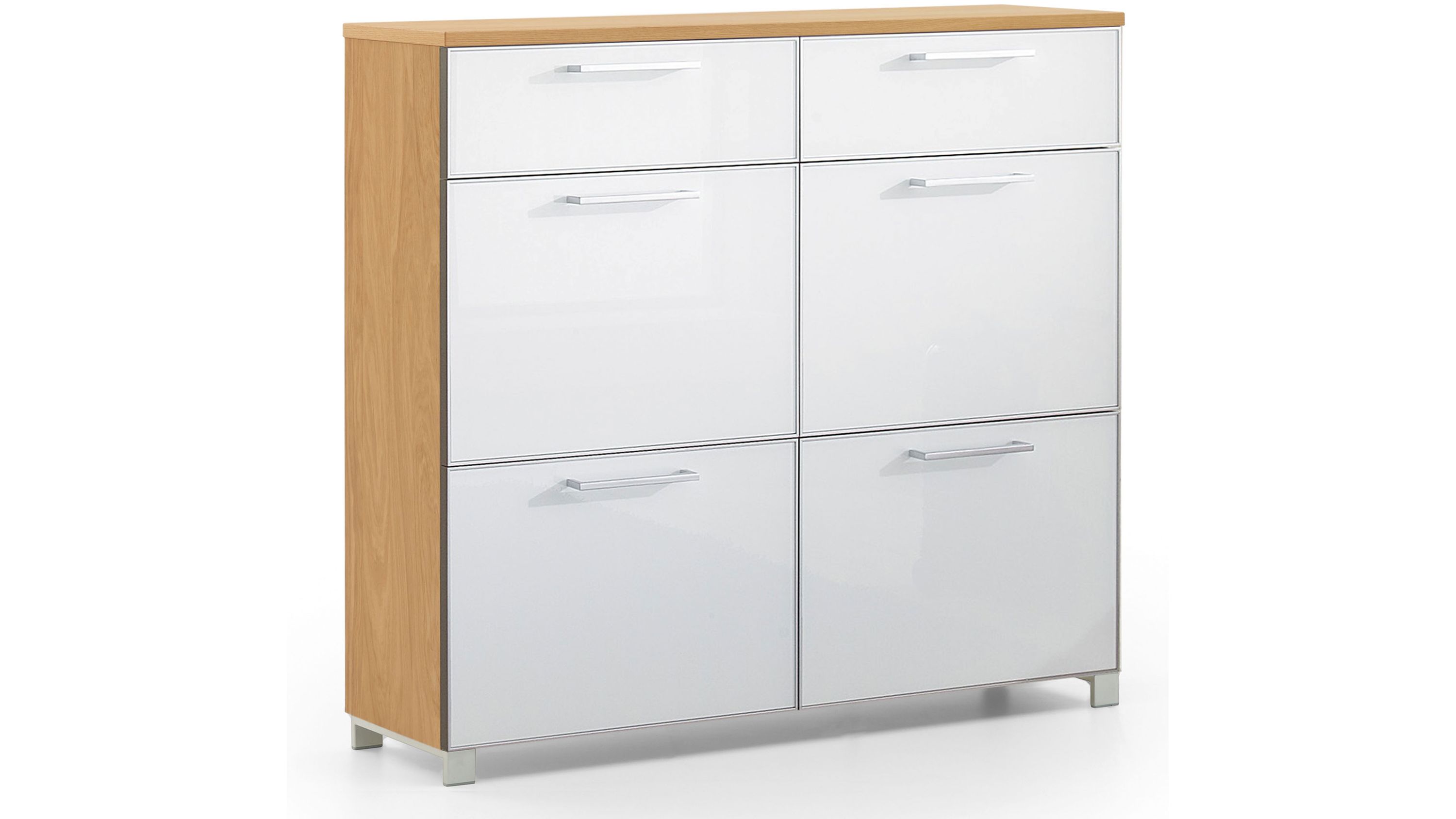 Schuhschrank mit zwei Schubladen und vier Klappen in weiß und holzfarben mit Metallgriffen