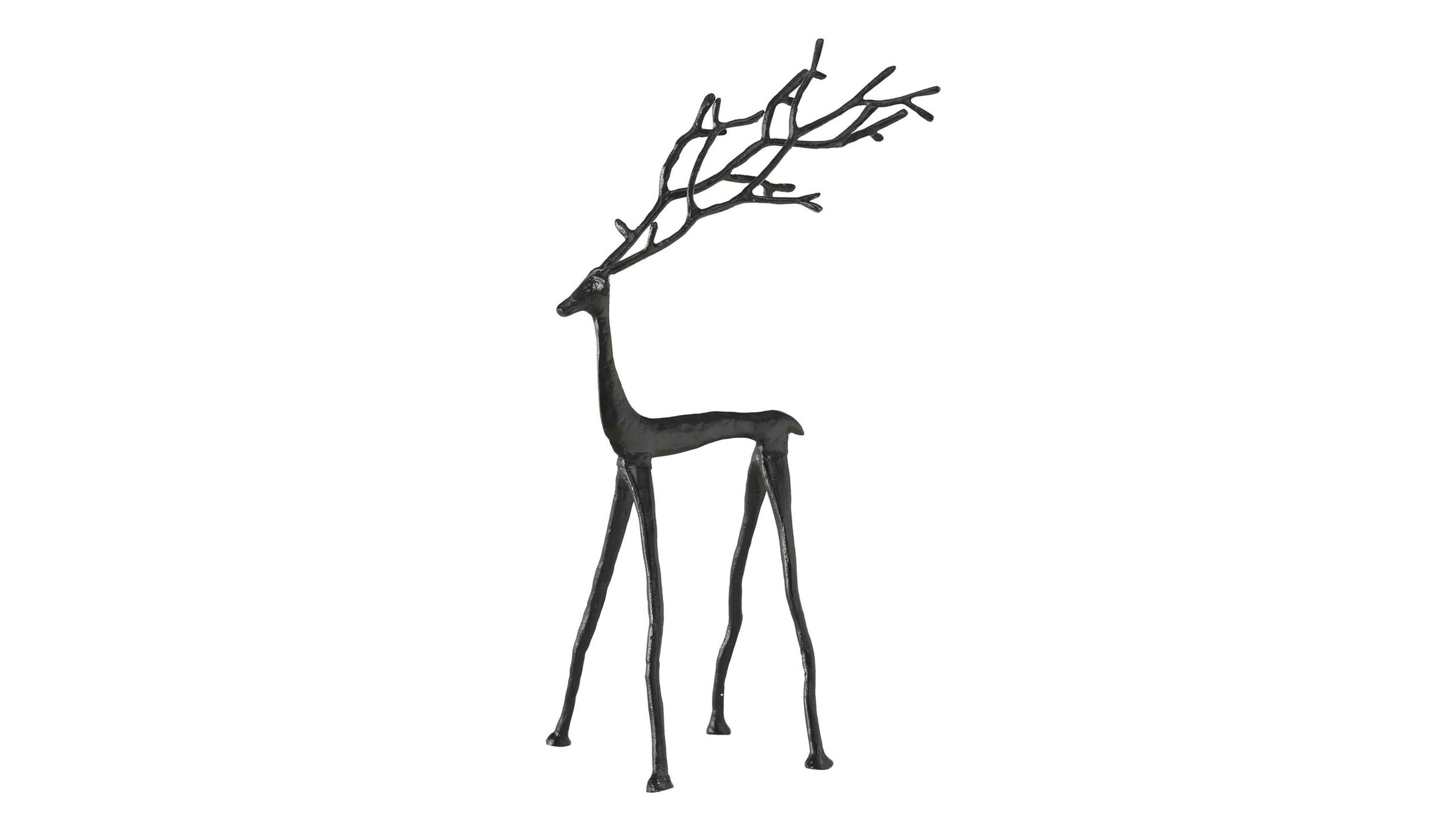 Schwarze Hirschfigur mit langen verzweigten Geweihen und schlanken Beinen