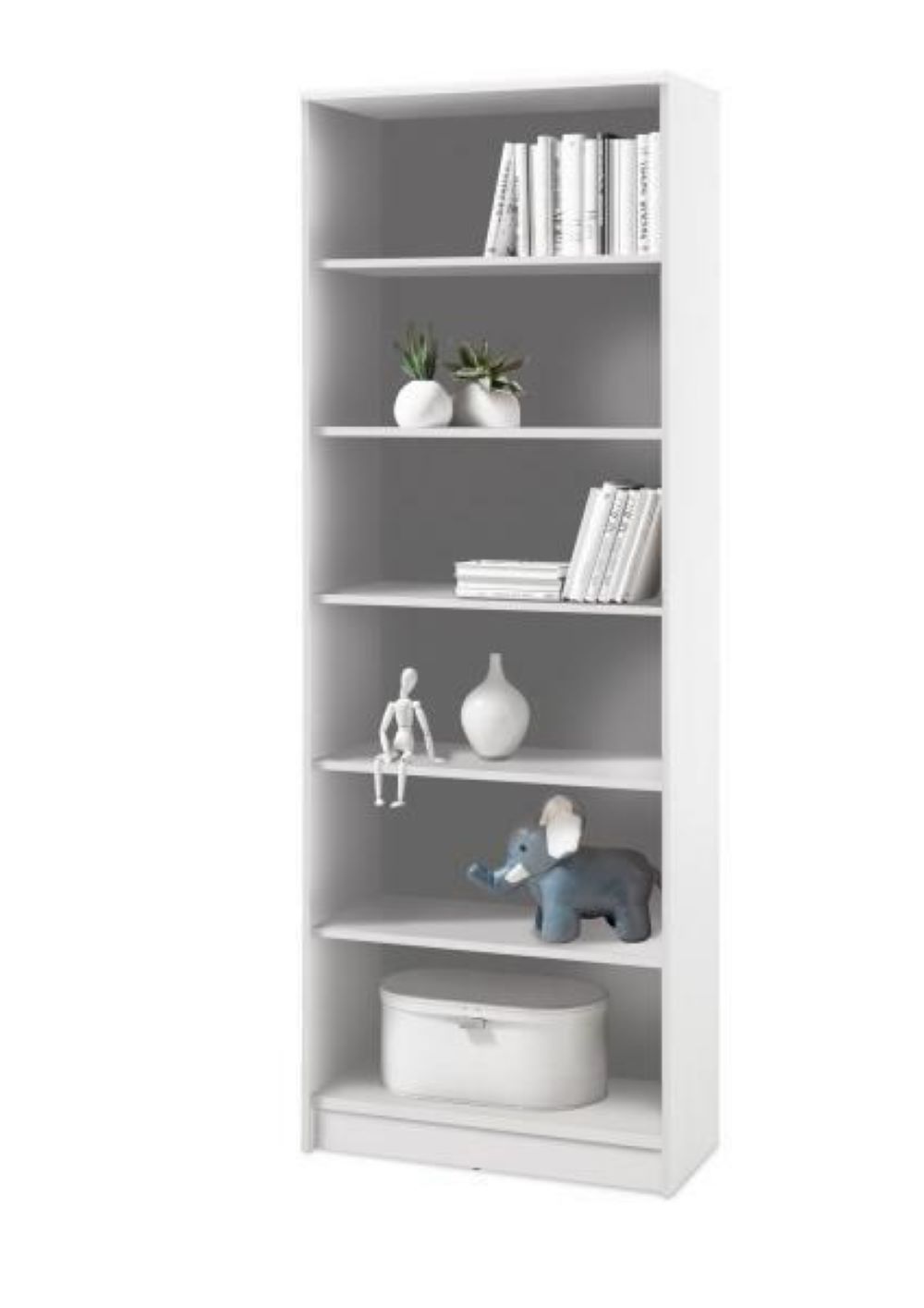 Weißes Regal mit Büchern und Deko Weißes Regal mit fünf Fächern, Büchern, Deko und Schublade, leicht schräg von rechts aufgenommen