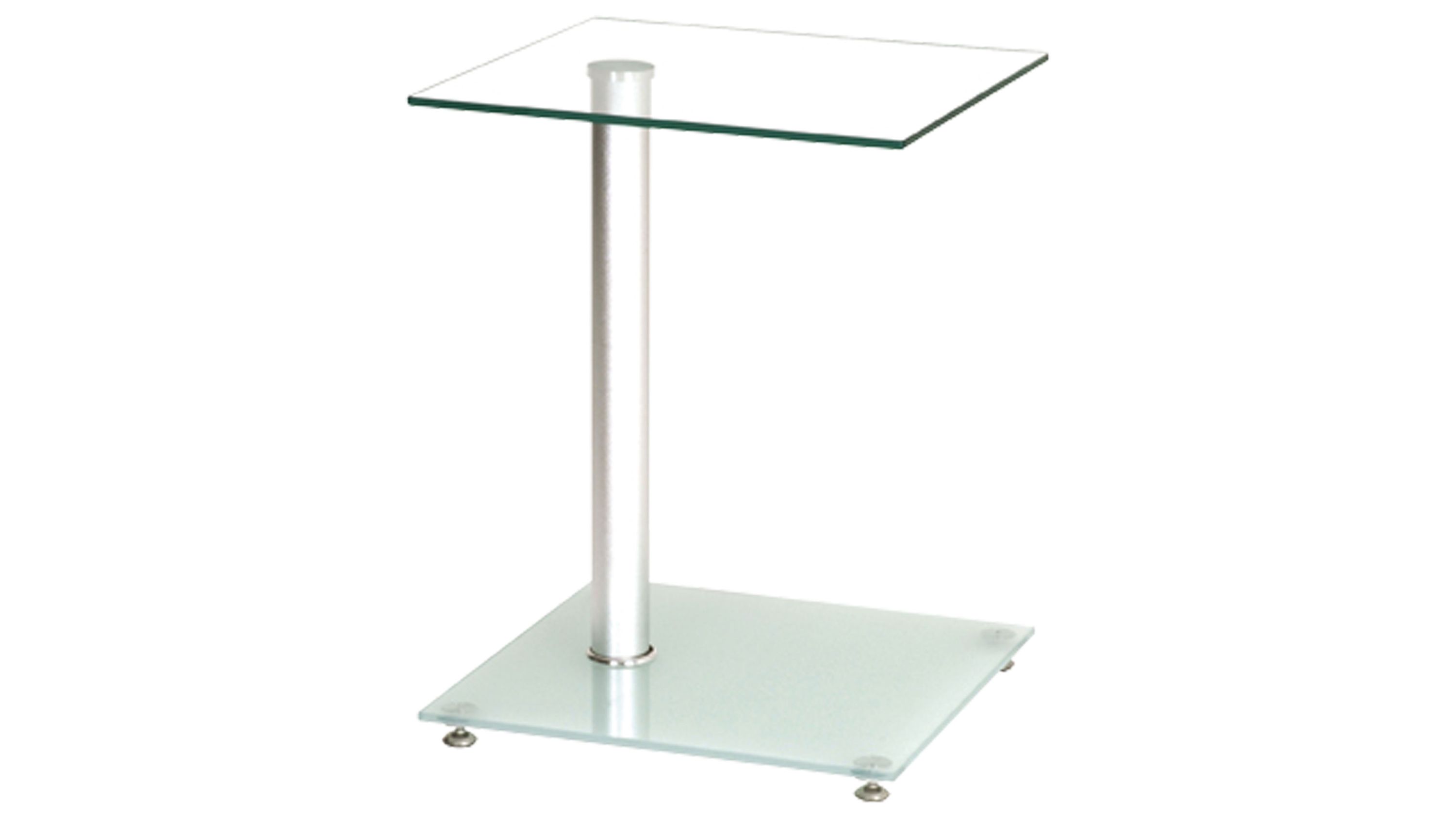 Beistelltisch mit Glasplatten und Metallrohr Beistelltisch mit zwei quadratischen Glasplatten und einem silbernen Metallrohr als Stütze