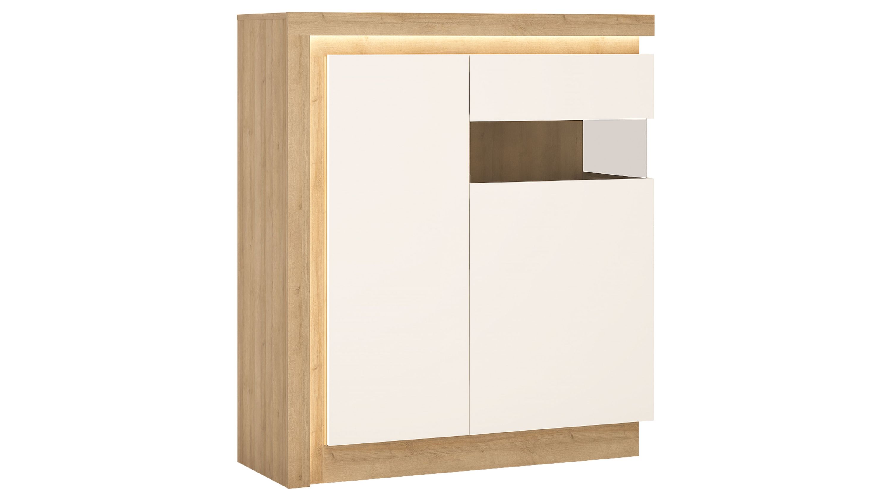 Zweitürige Vitrine mit weiß lackierten Fronten und Rahmen in heller Holzoptik