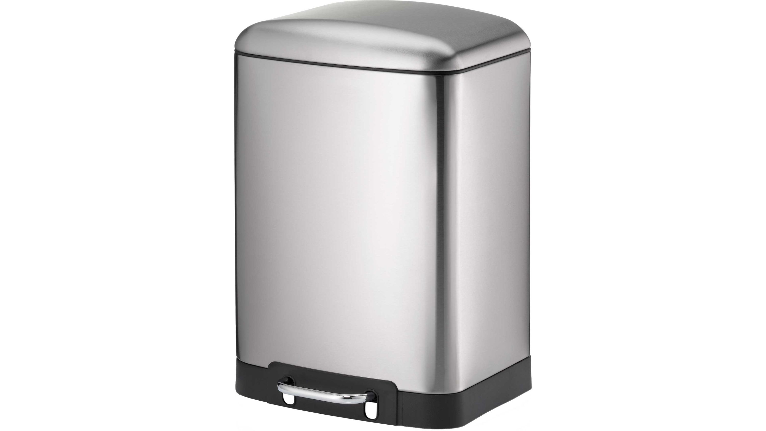 Treteimer aus Metall mit Deckel und Fußpedal Rechteckiger Treteimer mit Deckel aus silberfarbenem Metall und schwarzem Sockel