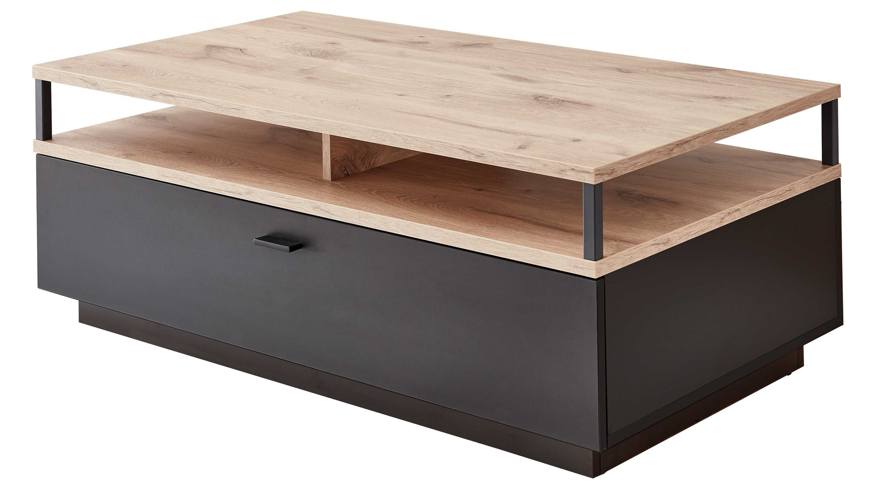 Couchtisch mit Schublade in Holzoptik und Grau Rechteckiger Couchtisch mit hellbrauner Tischplatte und grauer Schublade darunter