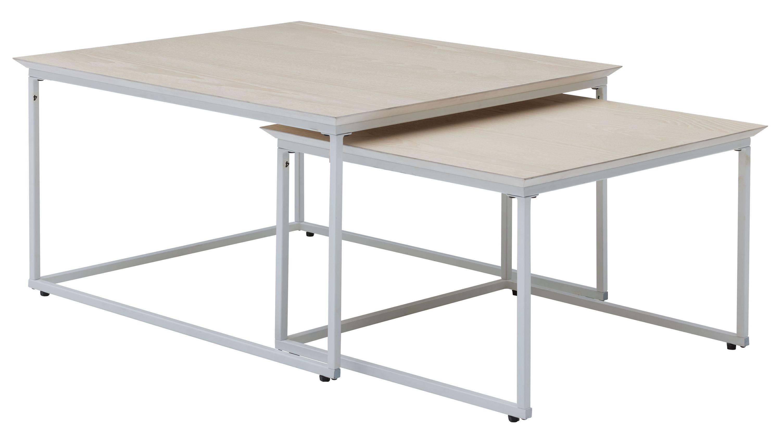 Zweiteiliges quadratisches Couchtisch-Set mit weißen Metallgestellen und hellen Tischplatten