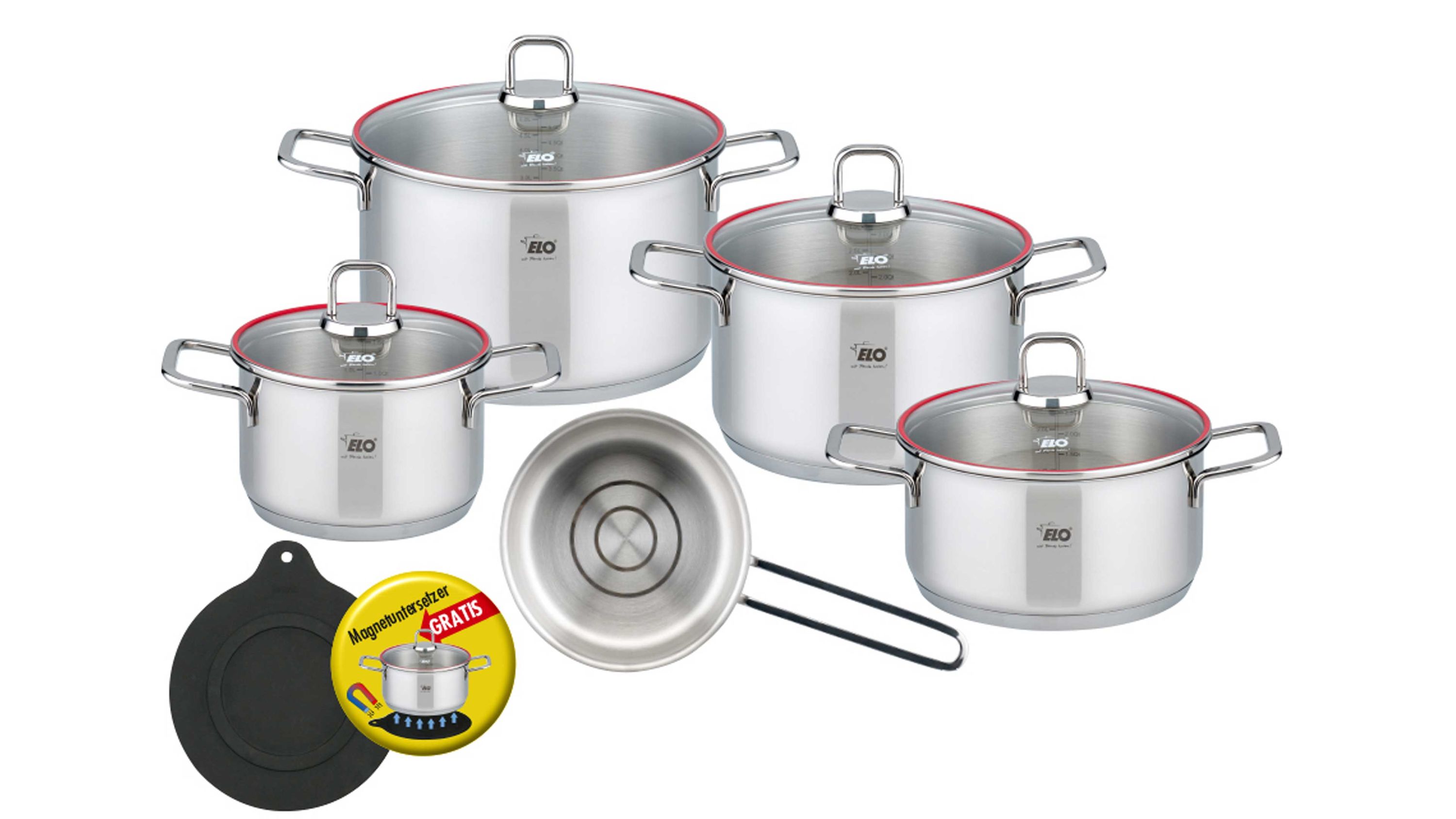 Fünfteilige Topf-Set aus Edelstahl mit Glasdeckeln und roten Rändern inklusive Pfanne und Magnetuntersetzer