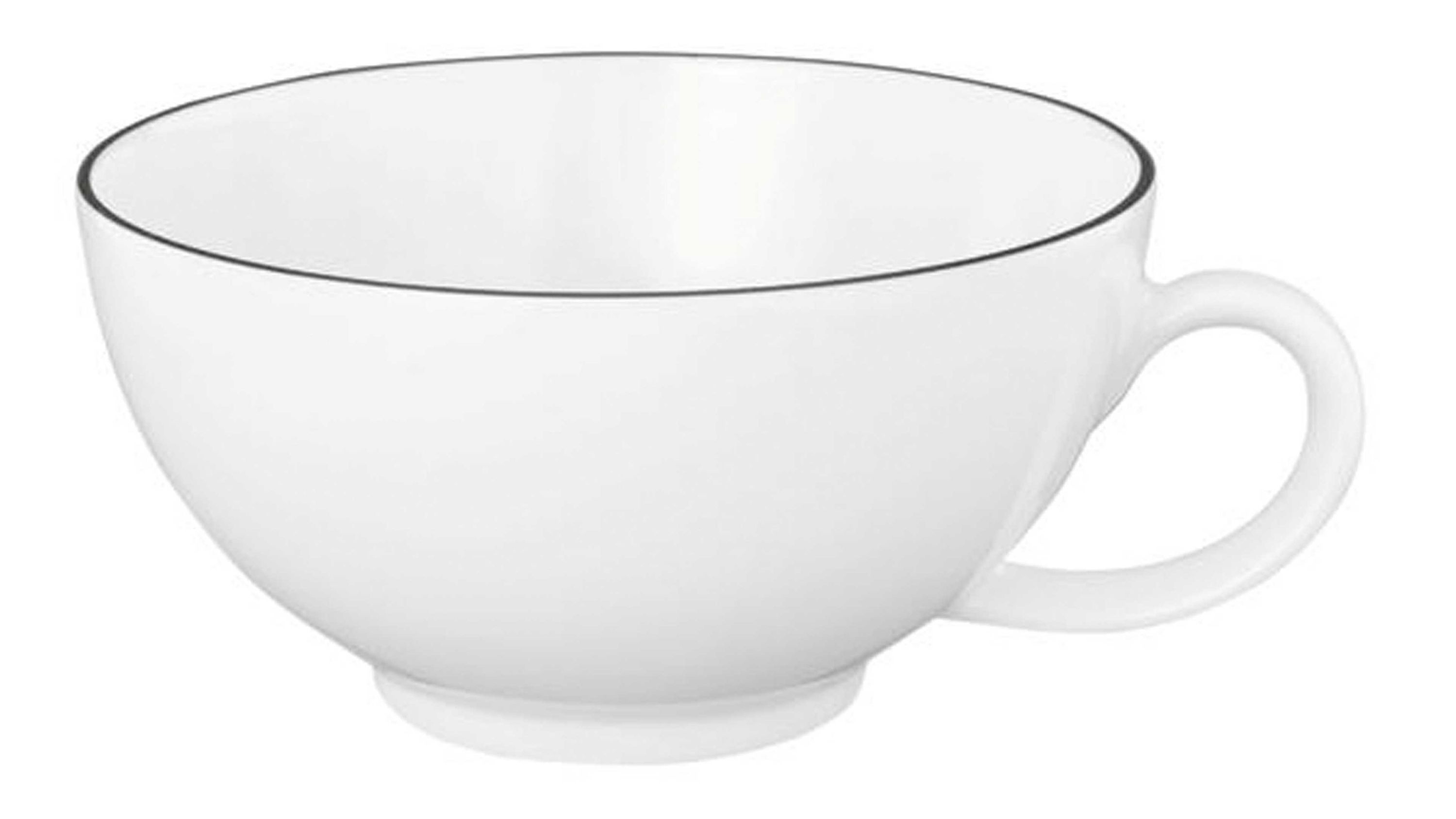 Weiße Teetasse mit rundem Henkel und dünnem schwarzem Rand am oberen Rand
