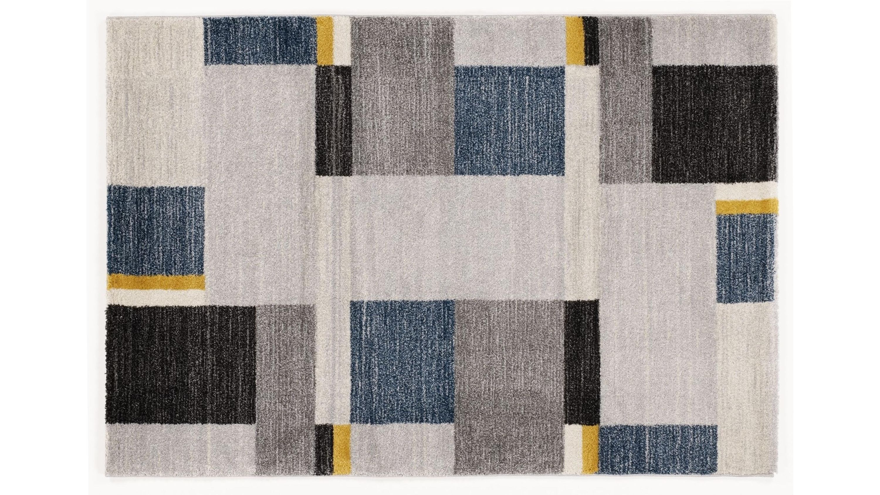 Rechteckiger Webteppich mit geometrischem Muster in blau grau gelb und weiß